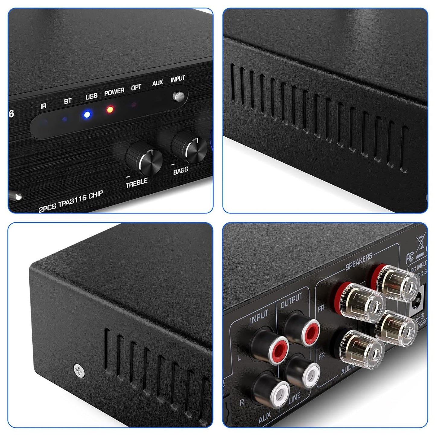 Facmogu AK-3116 HiFi Digital Amplifier, Bluetooth 5.3 200W Dual TPA3116 2 Channel 2x100W Class D Stereo Receiver w/RCA, USB, Optical, FM, Mini Amp Audio System for Home, Outdoor, w/ 24V Power Supply