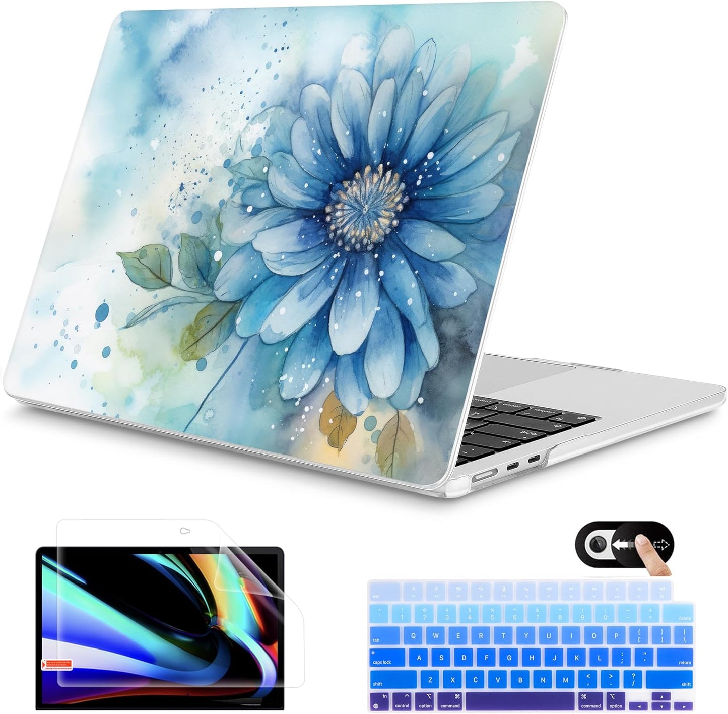 Mektron for 2025 M4 MacBook Air 13.6 Inch A3240 Case Fits 2023 A2681 M2 2024 A3113 M3 Chip with Liquid Retina Display, Printed Plastic Hard Shell Cover for MacBook Air 13.6", Watercolor Blue Flower