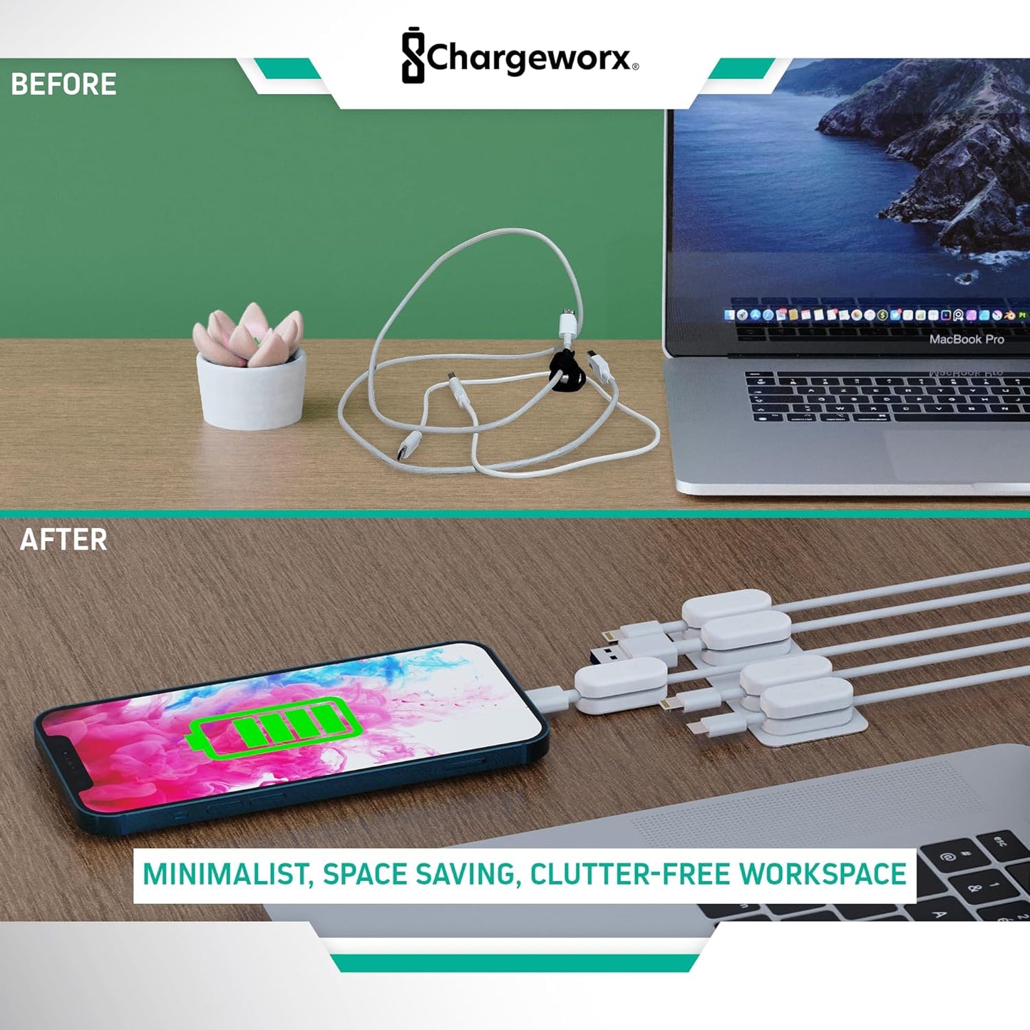 Chargeworx Magnetic Cable Holder for Cable Management – Multipurpose Desktop Cable Management System, 20-PK, Great for USB-C, Lightning, Micro-USB & Other Cables – Sticks to Any Surface (20-PK White)