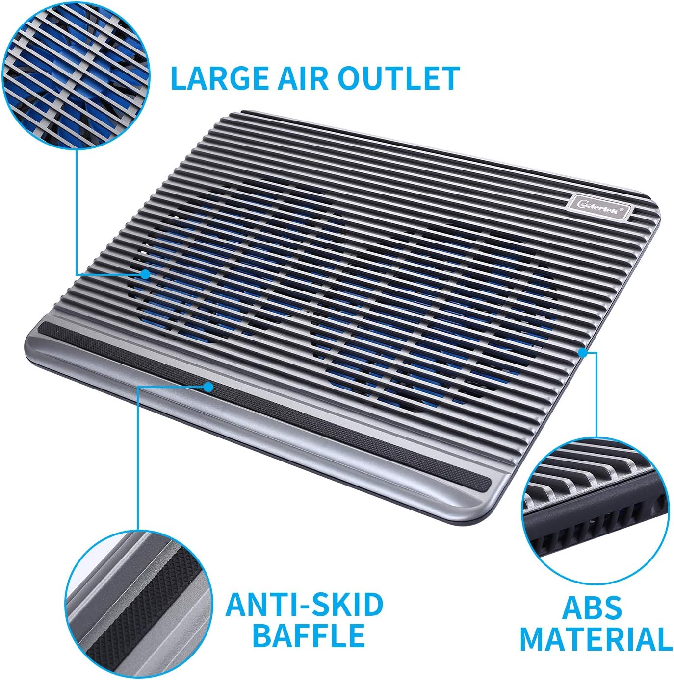 Laptop Cooling Pad, Coolertek USB Powered Laptop Cooler, 2 Blue Silent Big Fans, Height Adjustable Non-Slip Laptop Stand with Dual USB 2.0 Ports, Fits 11-17Inch Notebook - Gray (N2)