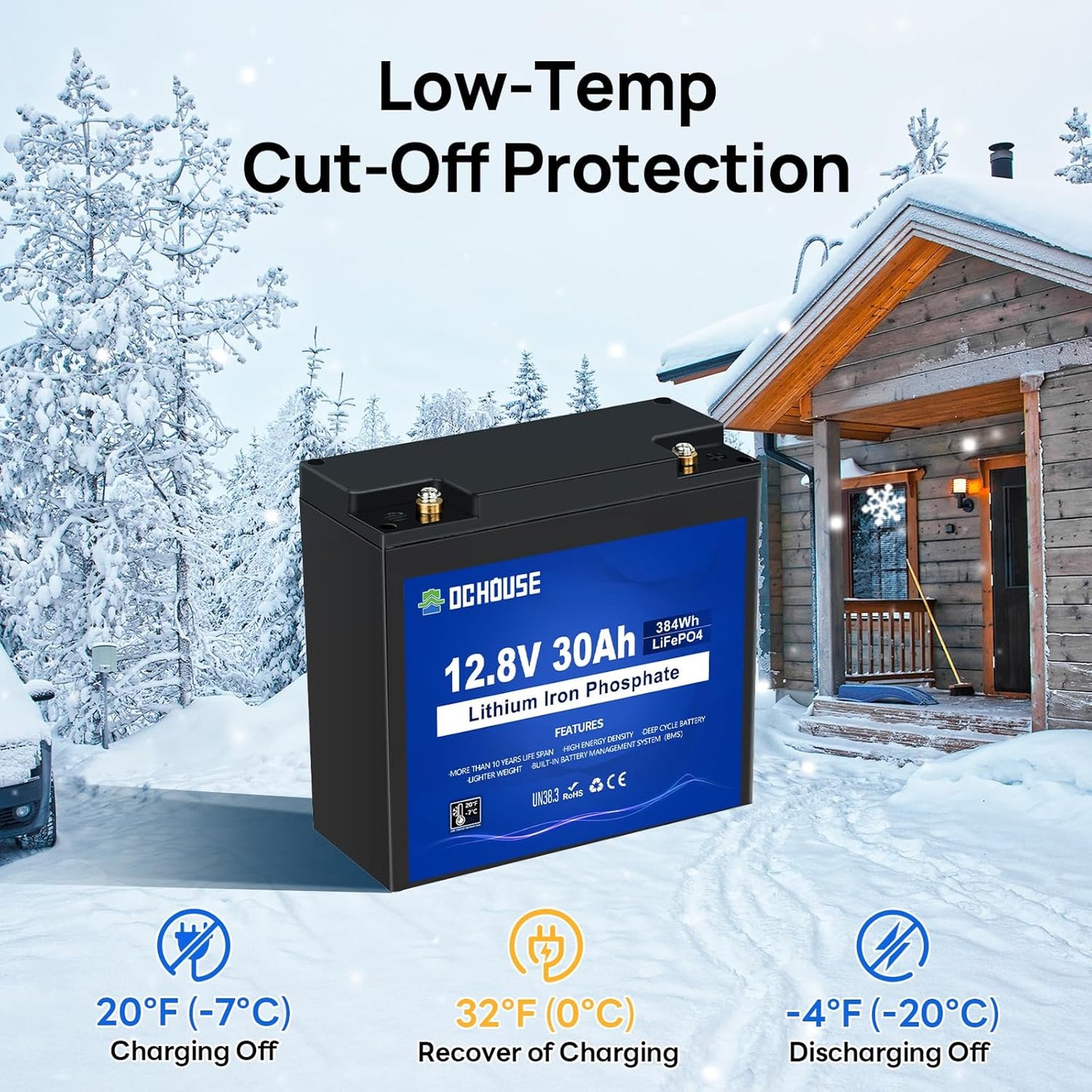 DC HOUSE 2 Pack 12V 30Ah LiFePO4 Lithium Battery, Low Temp Cut-Off, 4000+ Deep Cycle Rechargeable Battery, Perfect for Scooter Pride Mobility Jazzy Select Electric Wheelchair, Trolling Motor