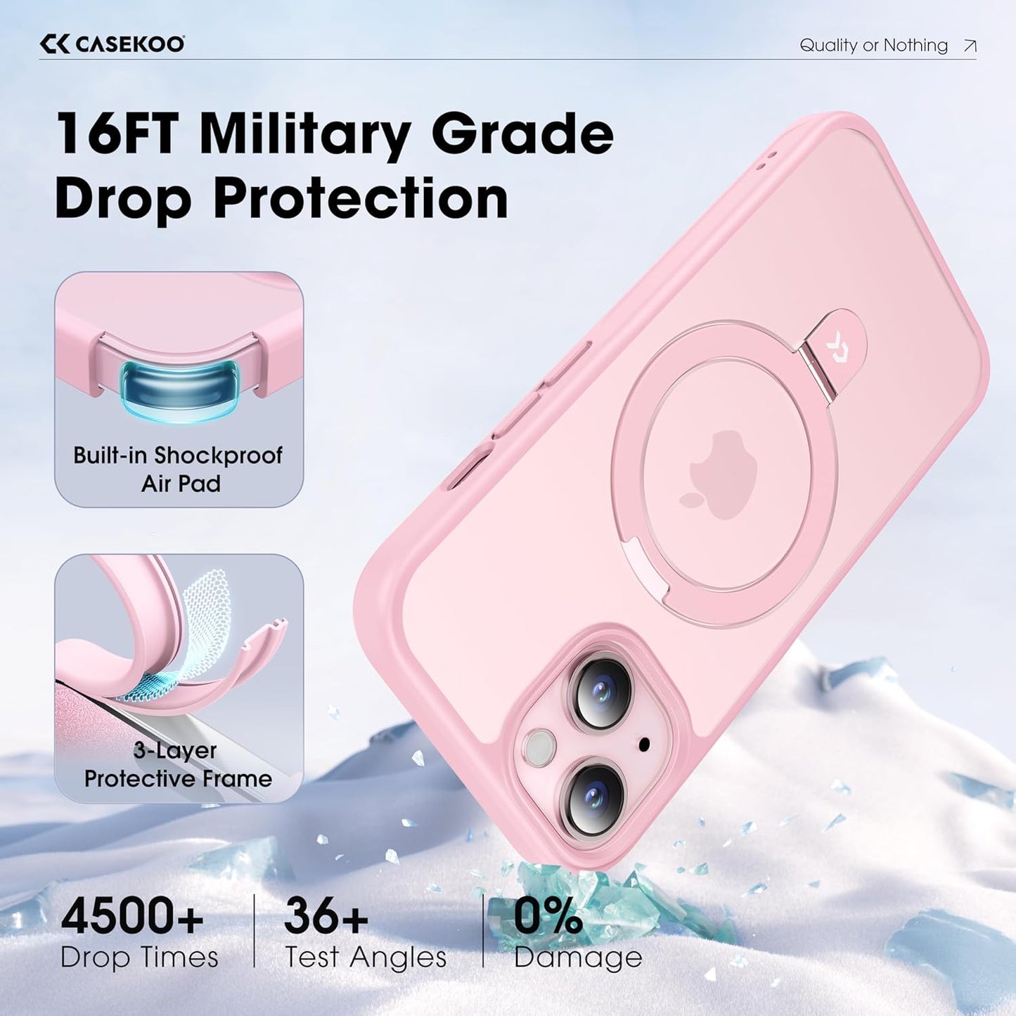 CASEKOO Designed for iPhone 15 Case with Magnetic Invisible Stand [Military Drop Protection] [Compatible with MagSafe] Shockproof Slim Translucent Matte Case 6.1 Inch, Pink