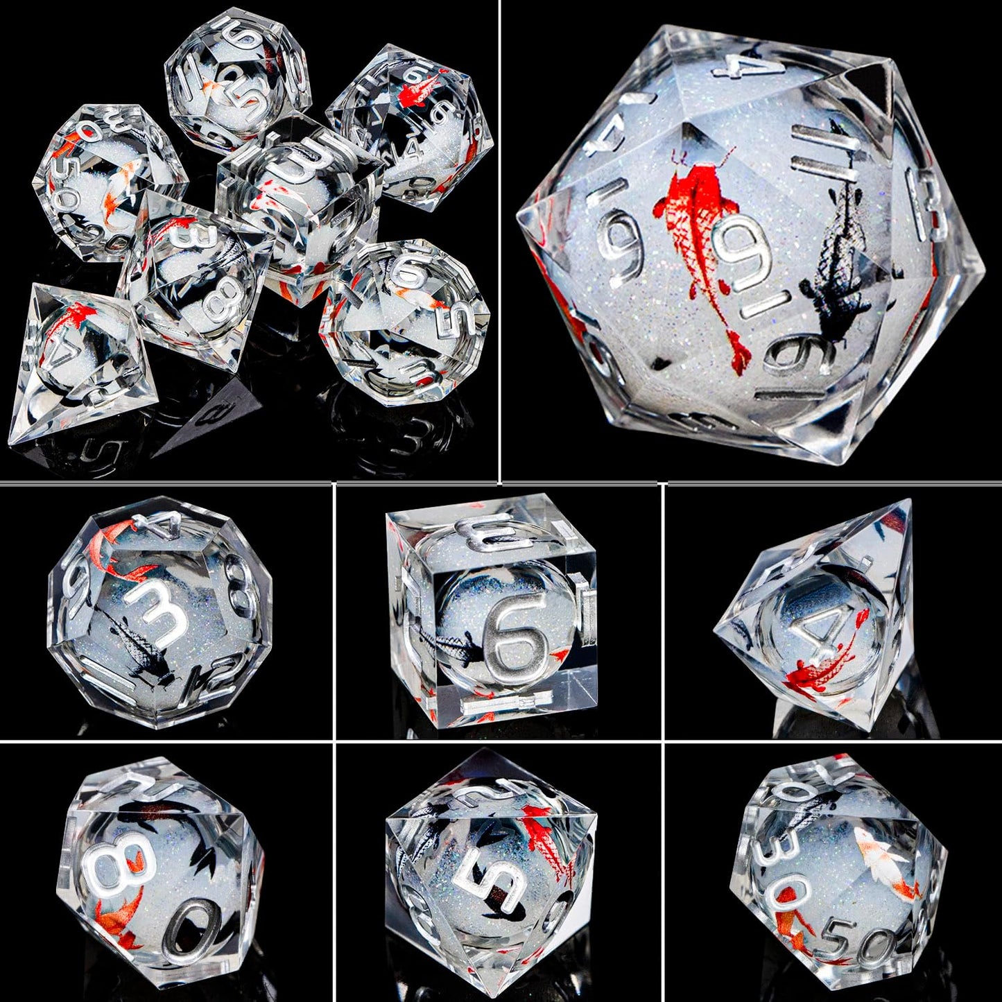 ARUOHHA DND Dice Set Liquid Core Koi Fish Sharp Edged Dragons Dice Compatible with D&D Role Playing Game, RPG Handmade Resin Dungeons Polyhedral D and D Dice Set D20 D12 D10 D8 D6 D4