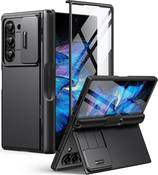 BERFY for Z Fold 7 Case with 9H Tempered Screen Protector, Military Grade Hidden Kickstand & Slide Camera Cover, Full Body Shockproof Slim Hard Phone Case for Samsung Galaxy Z Fold 7, Black