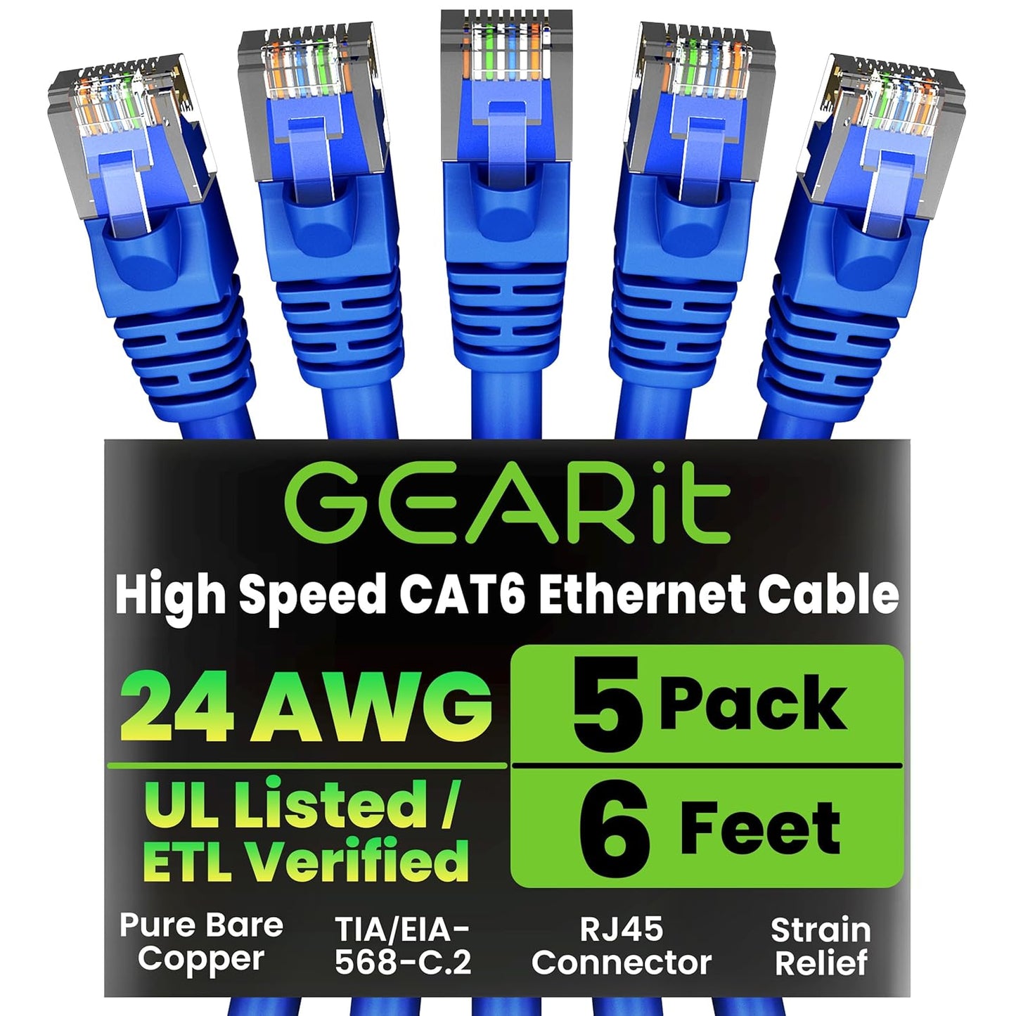GEARit Cat 6 Ethernet Cable Pack - 5-Pack 6 ft Cat6 Ethernet Patch Cables | RJ45 Network Patch Cable, 10 Gbps Snagless Gold-Plated Connectors - Ethernet Cable Cat 6 for PC, TV, Router - Blue
