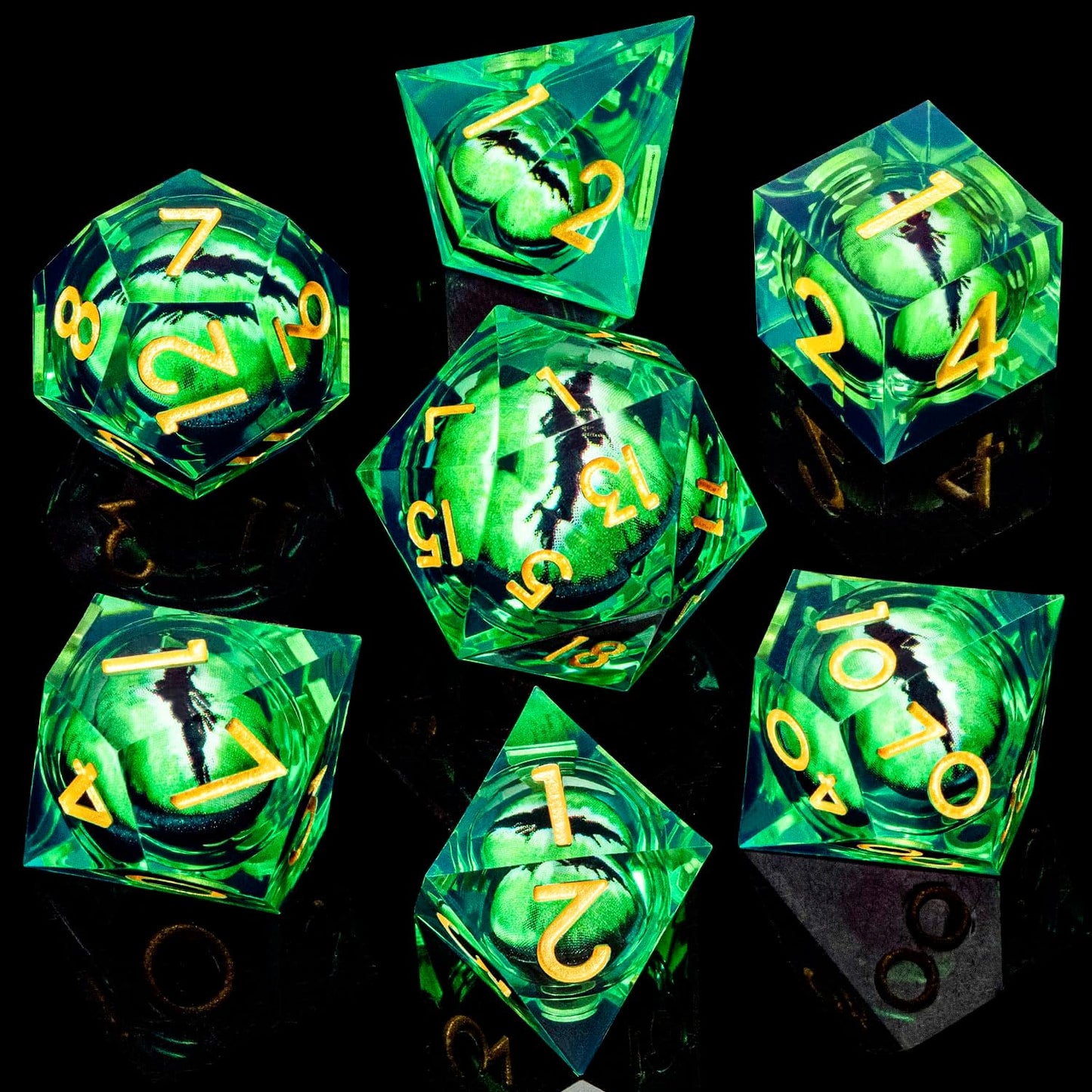 ARUOHHA DND Resin Dice Dragon Eye Dice Liquid Core Green Sharp Edged Dice Set with Gift Box, Dungeons Polyhedral D and D Dice Set Compatible with D&D Role Playing Game D20 D12 D10 D8 D6