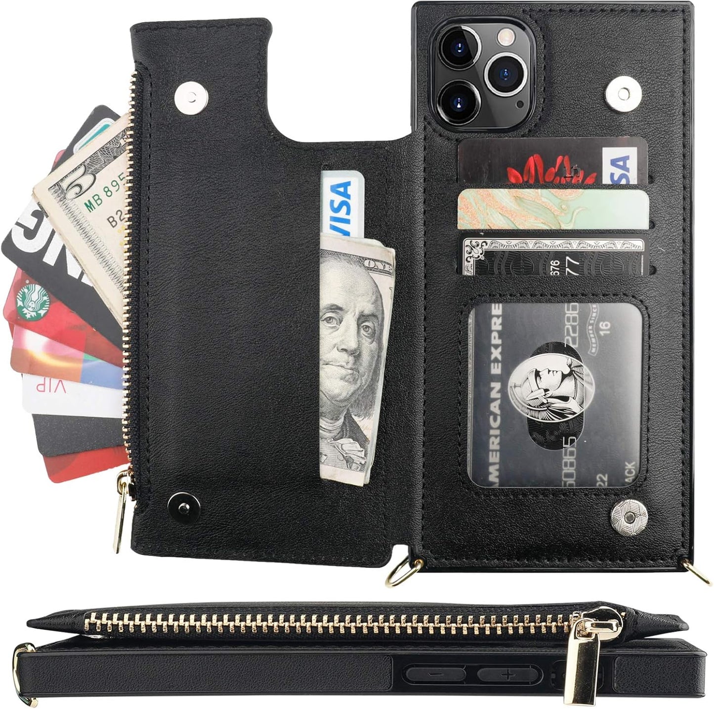 Bocasal Crossbody Wallet Case for iPhone 11 Pro Max with Card Holder,Zipper Card Slot Protector Shockproof Purse Cover with Removable Cross Body Strap 6.5 Inch(Black)