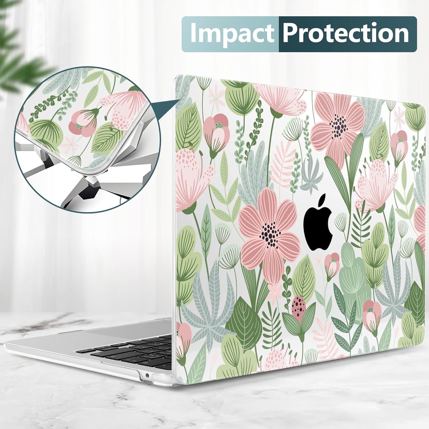 TWOLSKOO Compatible with M4 MacBook Air 15 inch Case 2025-2023 Released Model M4 A3241 M3 A3114 M2 A2941, Plastic Hard Shell & Screen Protector & Keyboard Cover & Trackpad Film, Leaves Flowers X732