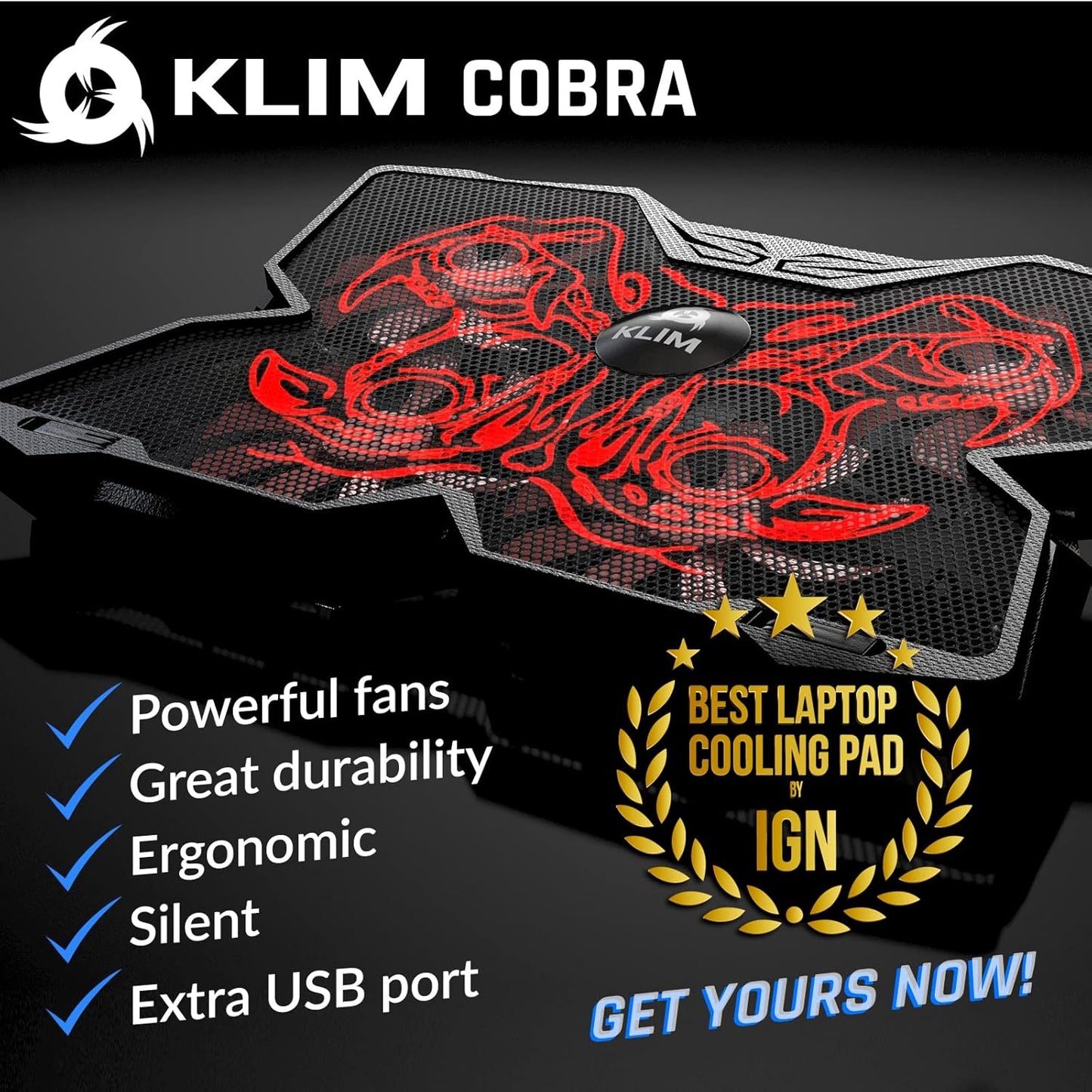 KLIM Wind Laptop Cooling Pad - More Than 500,000 Units Sold - New - Powerful Rapid Action Laptop Cooler - Laptop Stand with 4 Cooling Fans - 2 USB Ports - PC Mac PS5 PS4 Xbox One - Cobra Red