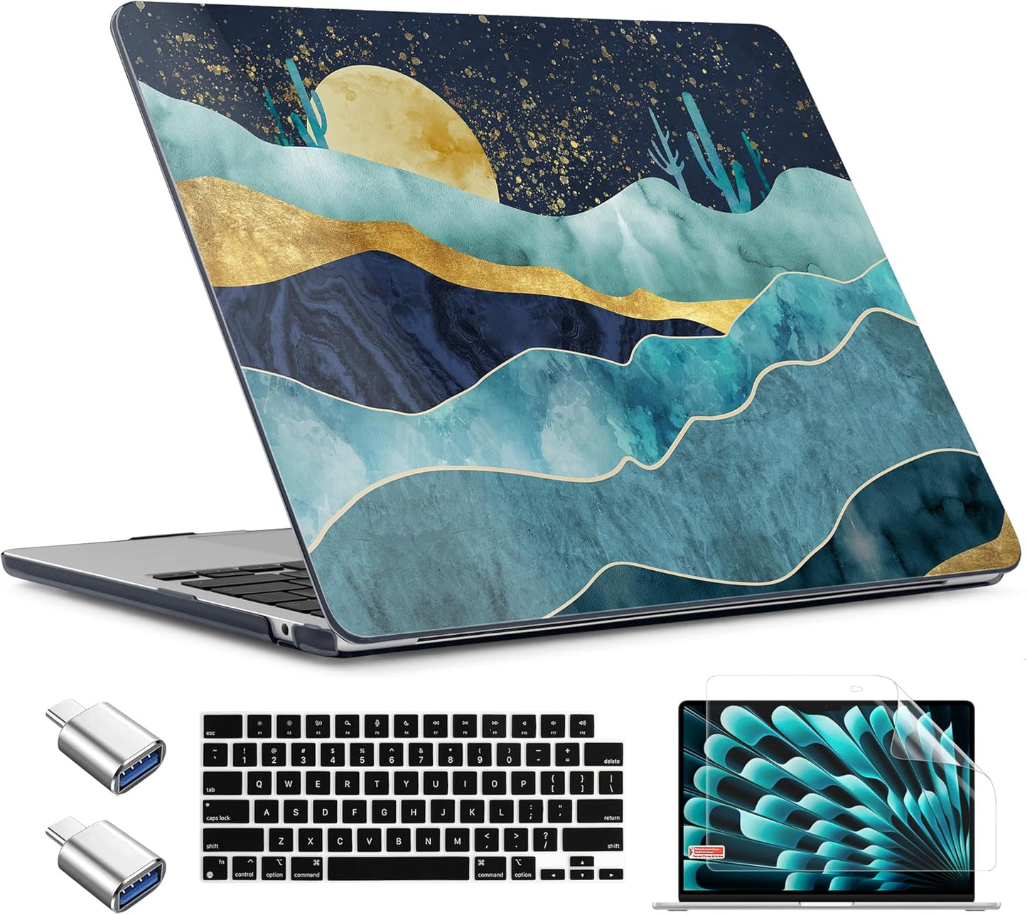 TWOLSKOO Compatible with M4 MacBook Air 13.6 inch Case 2025-2022 Release M4 A3240 M3 A3113 M2 A2681, Plastic Hard Shell & Keyboard Cover & Type C Adapter & Screen Protector, Mountains with Trees