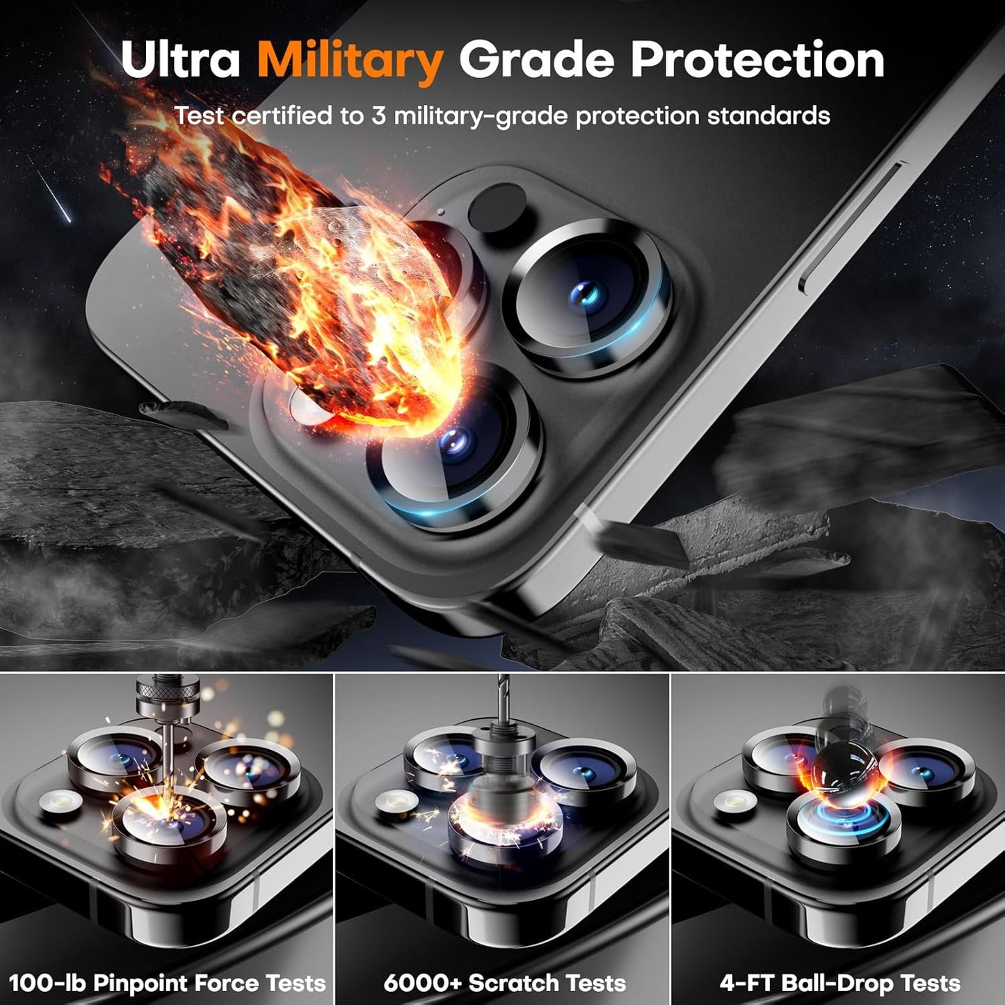 Camera Lens Protector for iPhone 16 Pro Max/16 Pro/15 Pro Max/15 Pro/14 Pro Max/14 Pro, Sapphire Glass Metal Individual Camera Cover Screen, Anti-drop, Case Friendly- Black Titanium