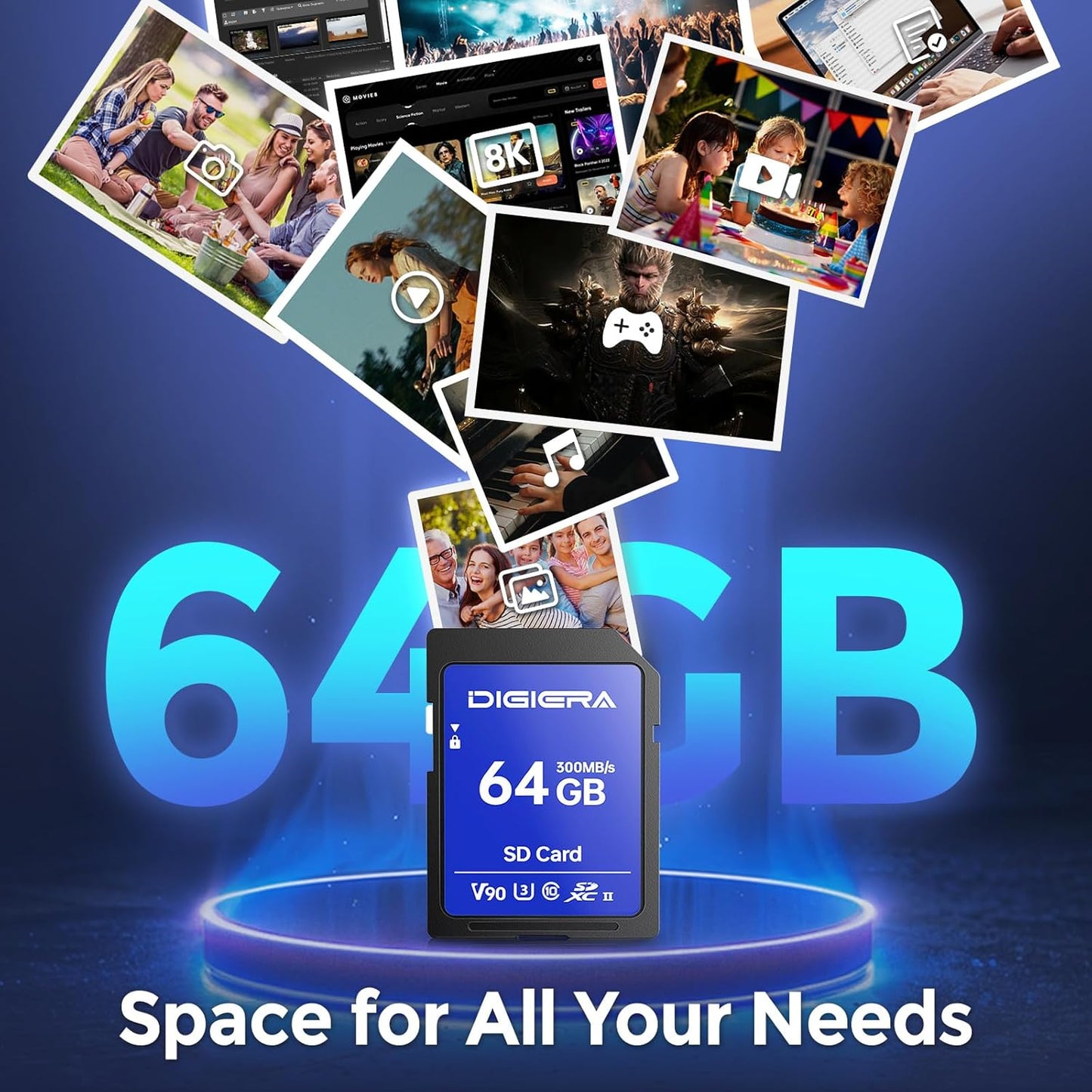 64GB LSU200 SDXC UHS-II Memory Card - up to 300MB/s, C10, U3, V90, 8K, SD Card for Computers, Digital Cameras, Home Theatre Devices, Car Navigation Systems (1 Pack)