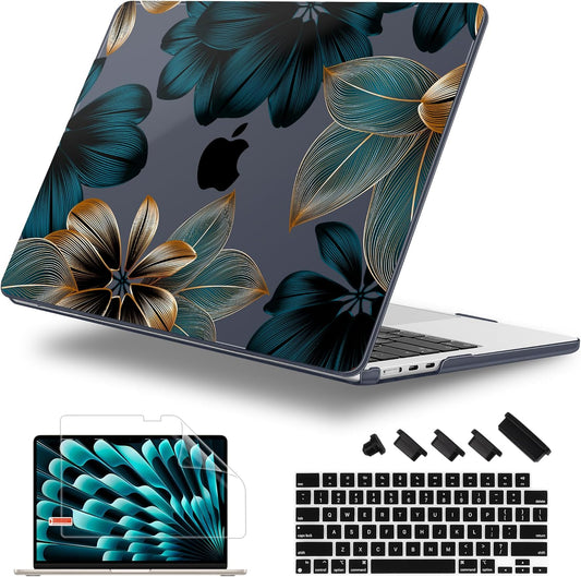 Case for MacBook Air 15 Inch 2025 2024 2023 Release M4 A3241 M3 A3114 M2 A2941, Hard Shell with Screen Protector & Keyboard Cover, Compatible with Touch ID - Leaves