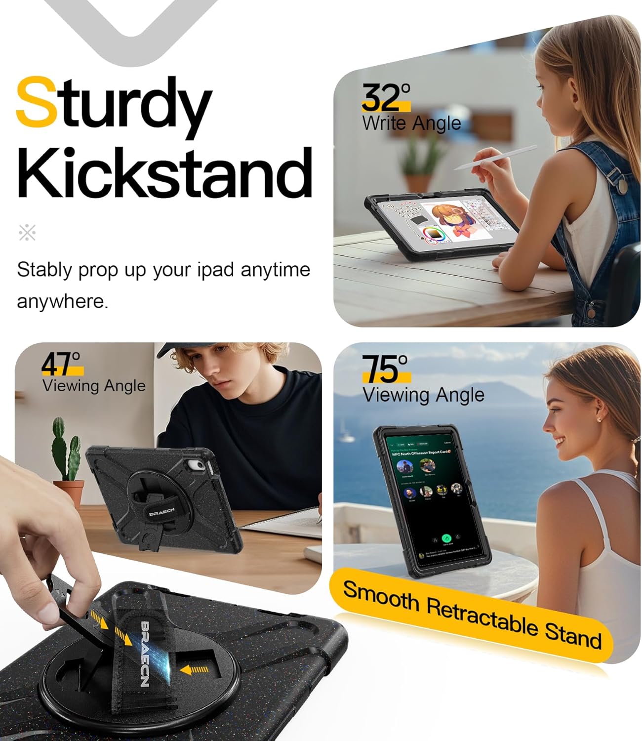 BRAECN for iPad (A16) 11th/10th Generation case 11/10.9 inch 2025/2022 Heavy Duty Shockproof Protective with Pencil Holder Screen Protector 360°Rotating Stand Handle & Shoulder Strap Full Body Cover
