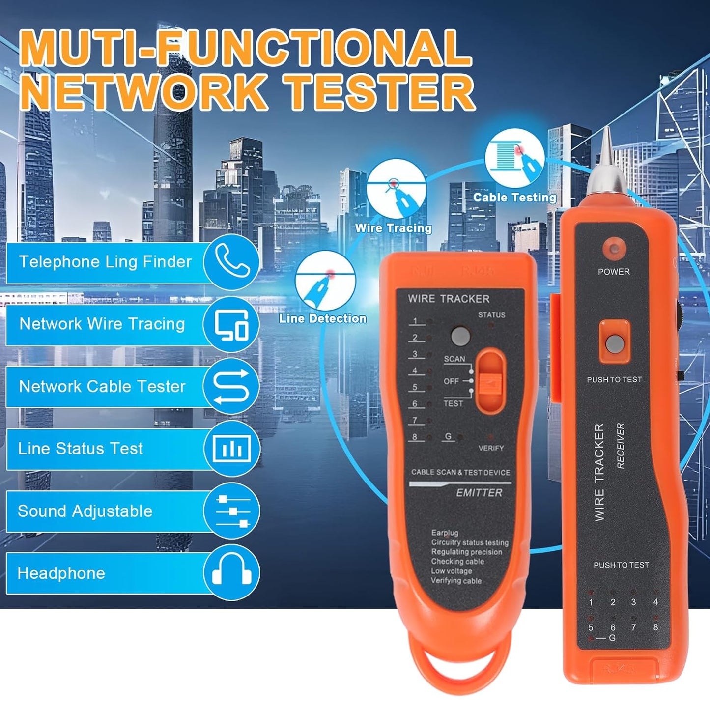 Goeco Ethernet Network Toner RJ11 RJ45 Network Cable Tester LAN Tracker Wire Finder Cat5 Cat6 with 2 Network Wire Stripper Toolkit Orange
