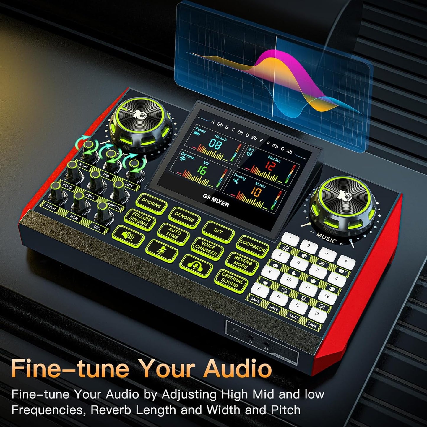 Audio mixer, suitable for live streaming, singing, and gaming on computers/phones; podcast mixer with real-time sound card, noise reduction function, and one-click mute function