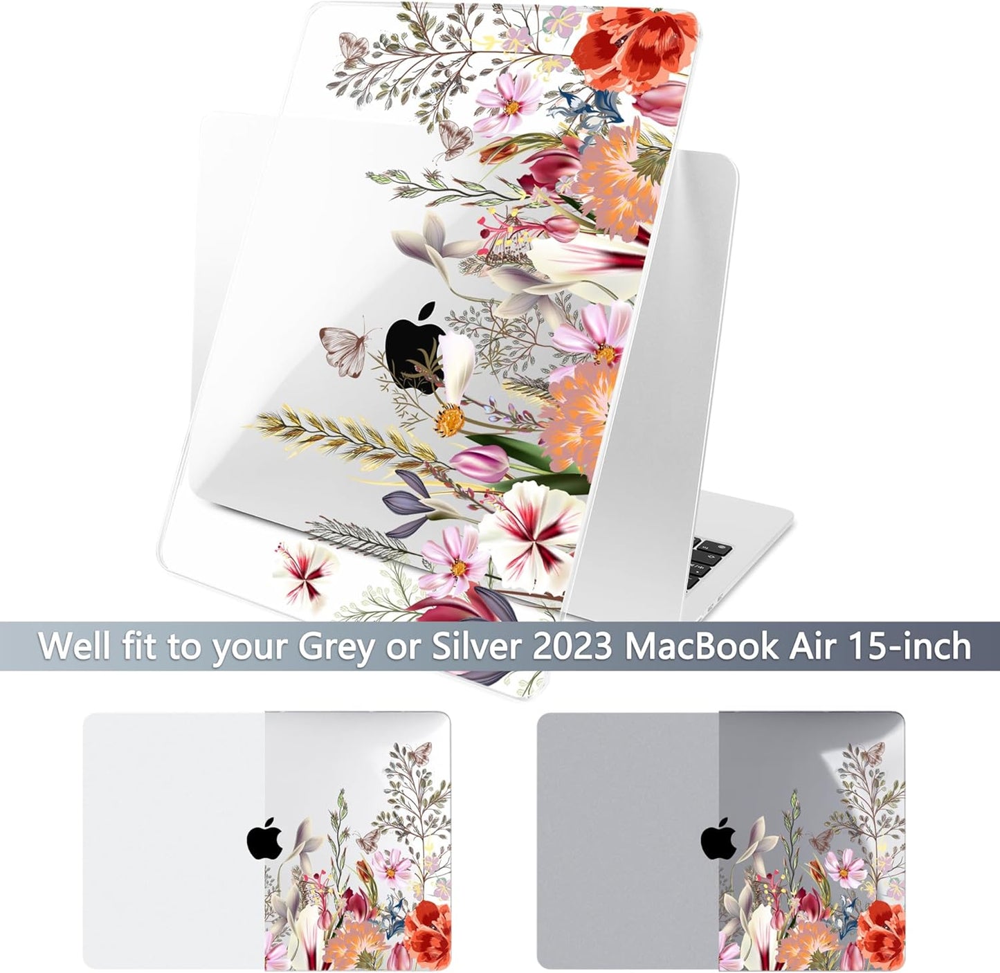 Batianda Premium Case for New MacBook Air 15 inch 2025 M4 2024 2023 with M3 M2 Chip Model A3114 A2941, Designed Protective Plastic Hardshell & Keyboard Cover & Screen Protector, Flower Field
