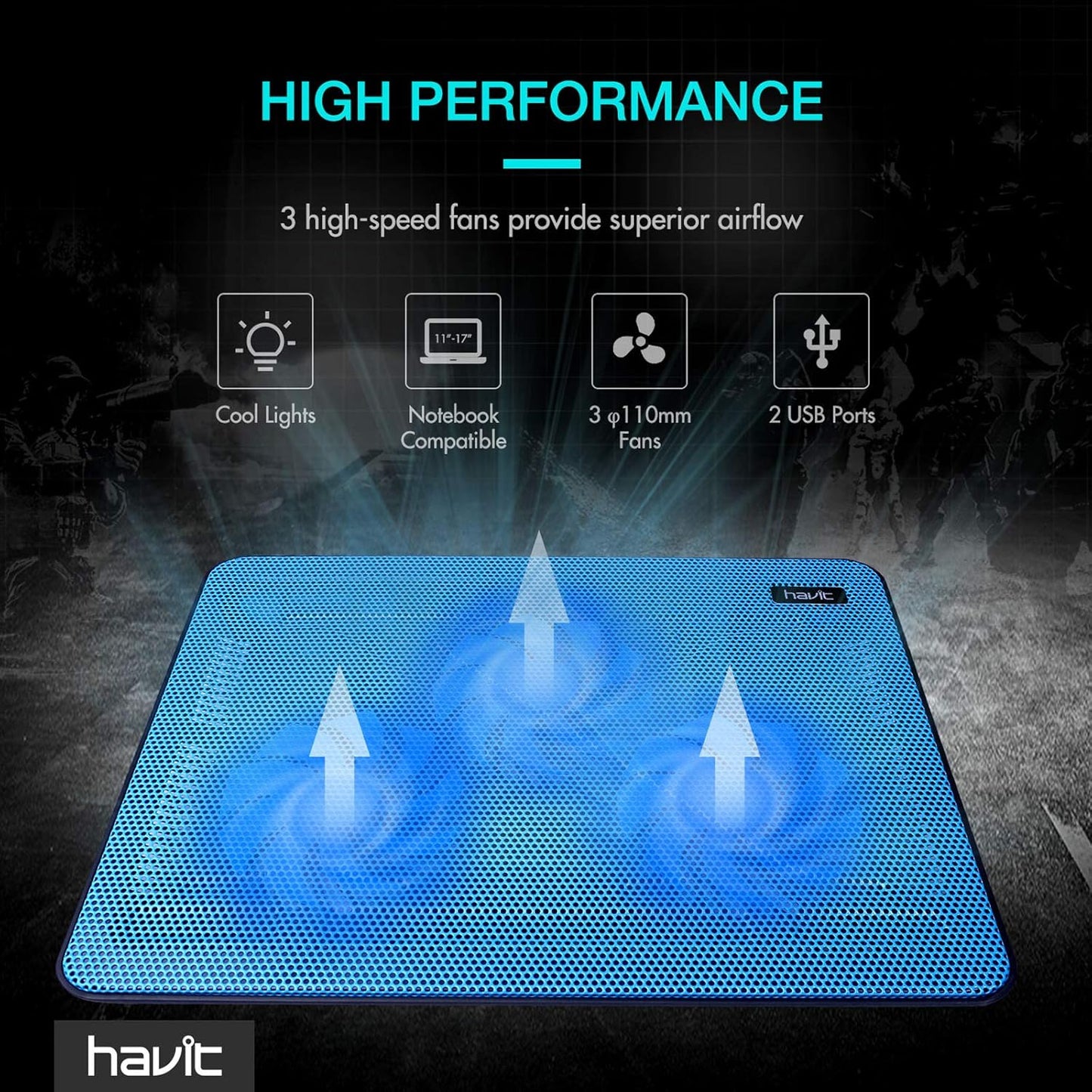 Havit HV-F2056 15.6-17 Inch Laptop Cooler Cooling Pad - Slim Portable USB Powered (3 Fans) (Blue)