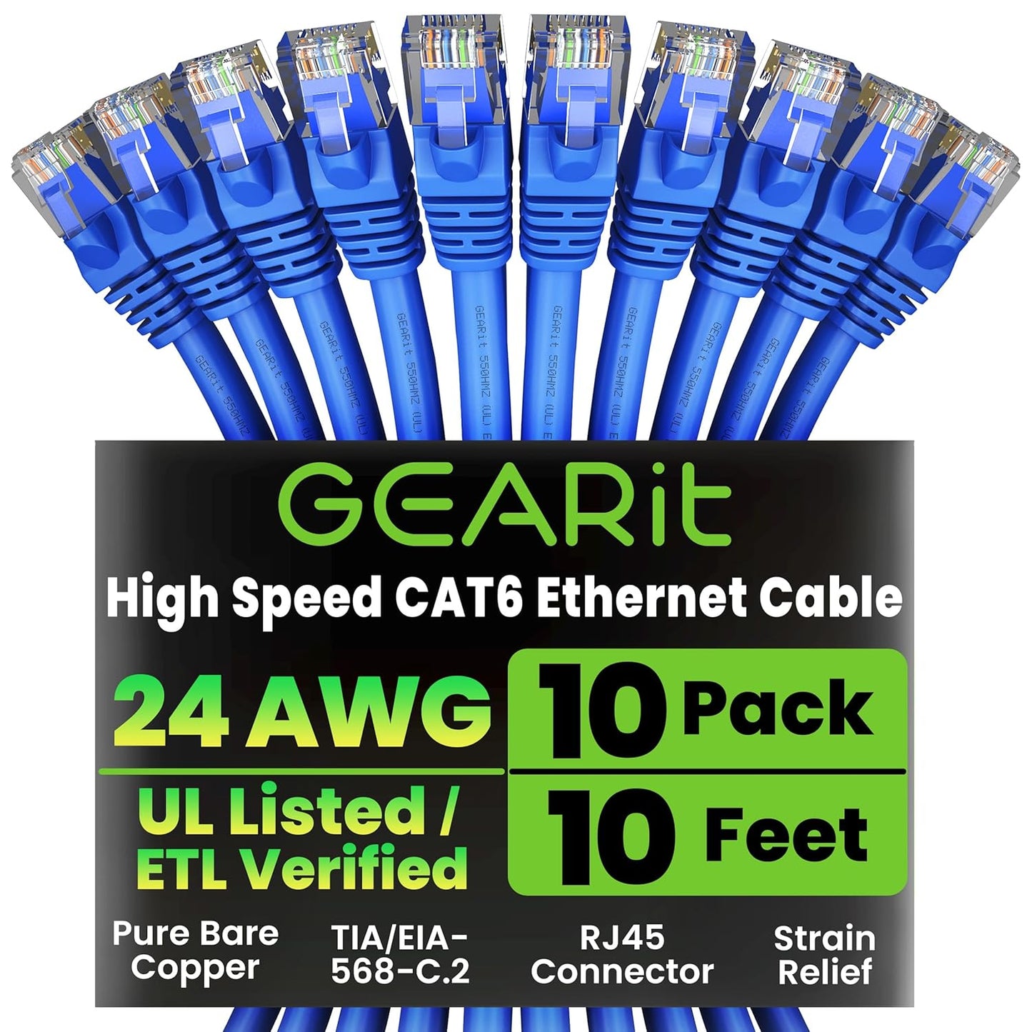 GearIT Cat 6 Ethernet Cable Pack - 10-Pack 10 ft Cat6 Ethernet Patch Cables | RJ45 Network Patch Cable, 10 Gbps Snagless Gold-Plated Connectors - Ethernet Cable Cat 6 for PC, TV, Router - Blue