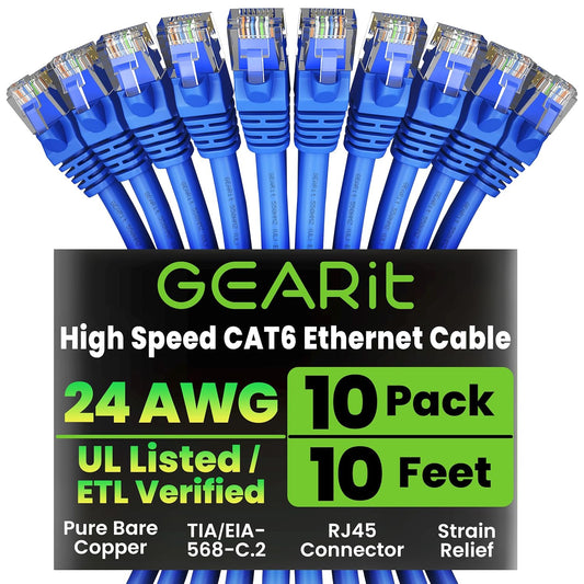 GearIT Cat 6 Ethernet Cable Pack - 10-Pack 10 ft Cat6 Ethernet Patch Cables | RJ45 Network Patch Cable, 10 Gbps Snagless Gold-Plated Connectors - Ethernet Cable Cat 6 for PC, TV, Router - Blue