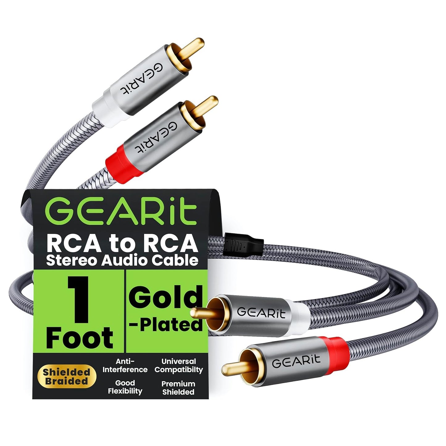 GEARit RCA Cable (1FT) 2RCA Male to 2RCA Male Stereo Audio Cables Shielded Braided RCA Stereo Cable for Home Theater, HDTV, Amplifiers, Hi-Fi Systems, Car Audio, Speakers, 1 Feet