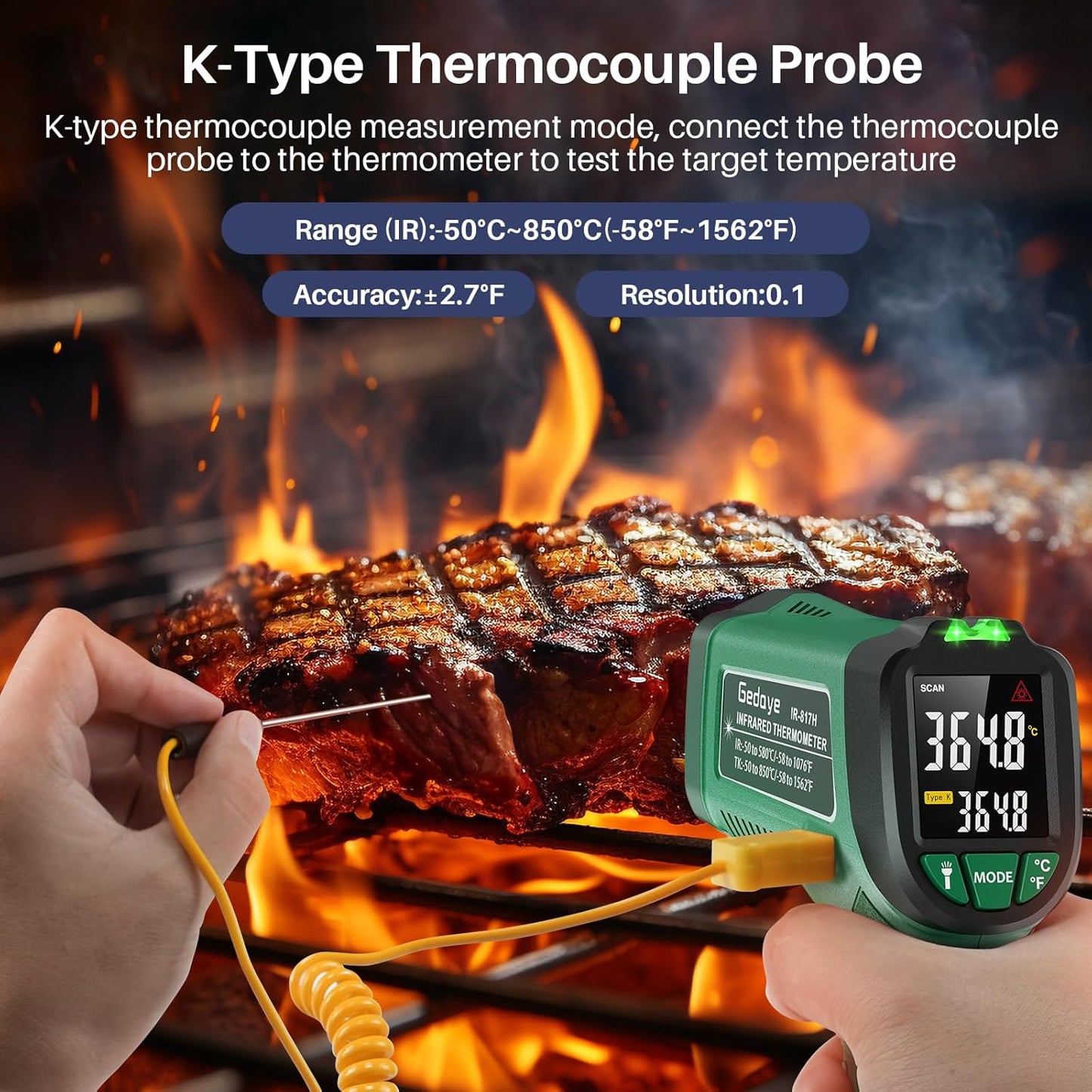 Infrared Thermometer for Cooking, Gedaye Surface Laser Temperature Gun with Laser Pointer 13:1, Metal Probe, Adjustable Emissivity, -58℉ to 1562℉, Thermal Thermometer Gun for Pizza Oven Engine HVAC