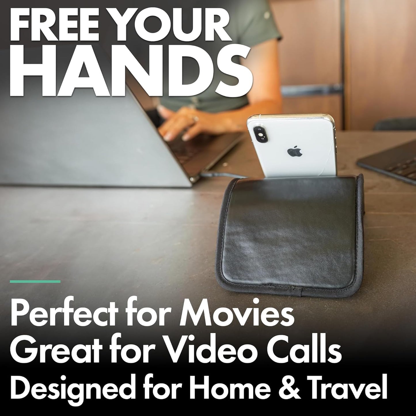 Folden Airplane Phone Holder, Foldable Cell Phone Stand Desk – Flexible Tablet Phone Holder for Bed, Desk, Office, Treadmill – Mobile Stand Phone Accessories, Plane Travel Essentials (Vegan Leather)