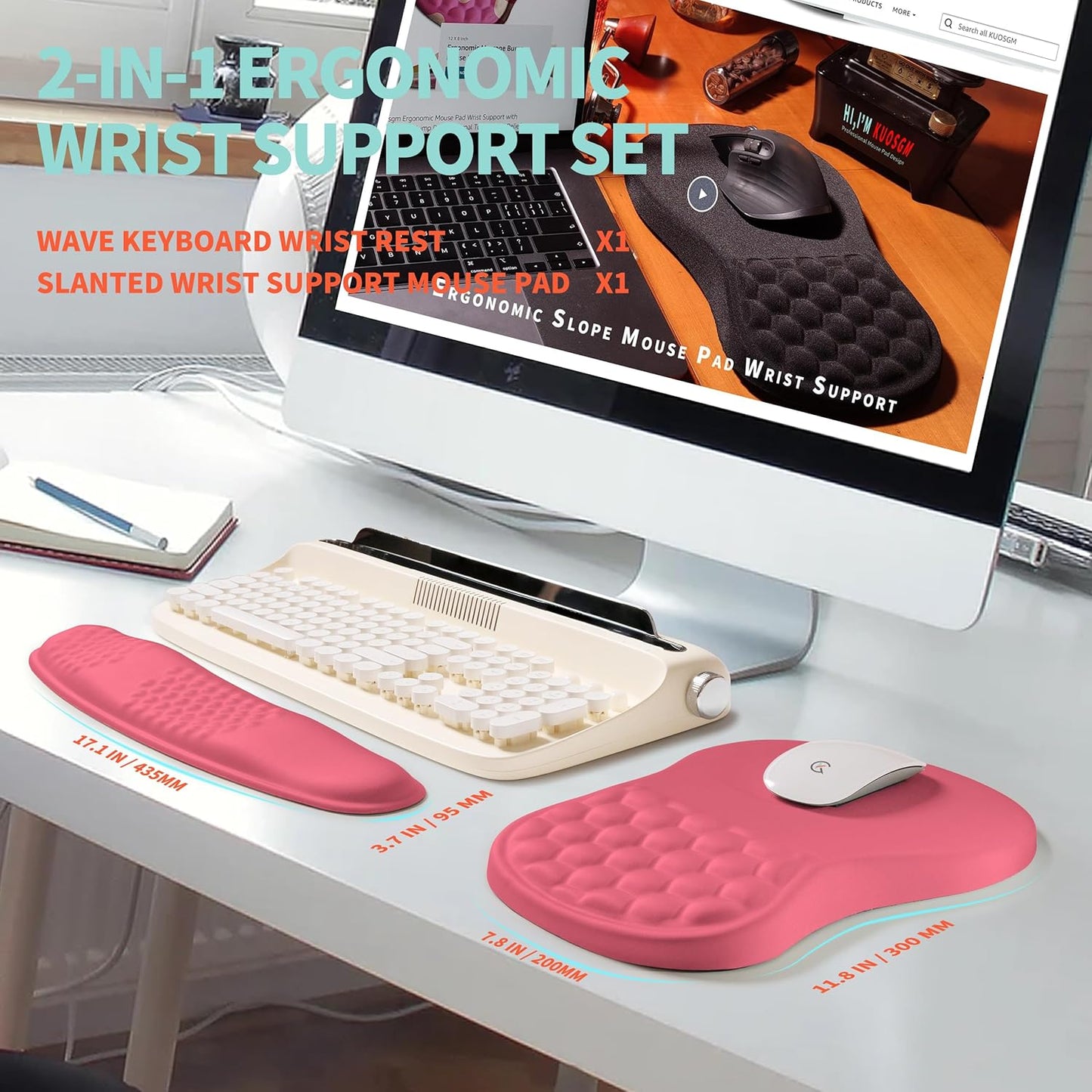 2-in-1 Ergonomic Set, Wave Rise Keyboard Wrist Rest and Massage Bulge Slope Mouse Pad Wrist Support, Cushion Memory Foam Integrated to Relieve Wrist Pain, Muskmelon Pink