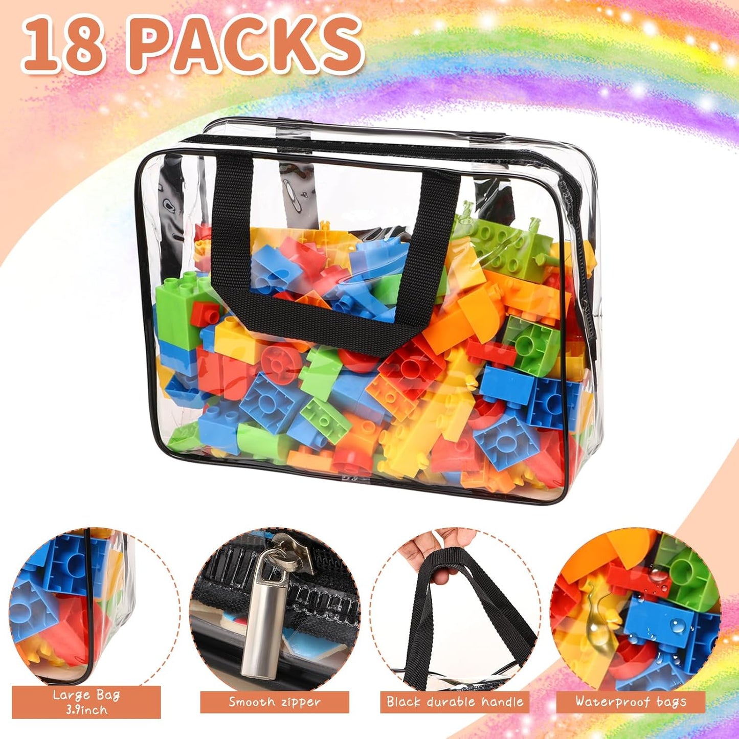 18 Packs Large Toy Storage Bags with Labels, Waterproof Clear Pvc Storage Bags for Toys, Travel Organizer Bags with Zipper Closure for Puzzles, Building Blocks, Kids' Books