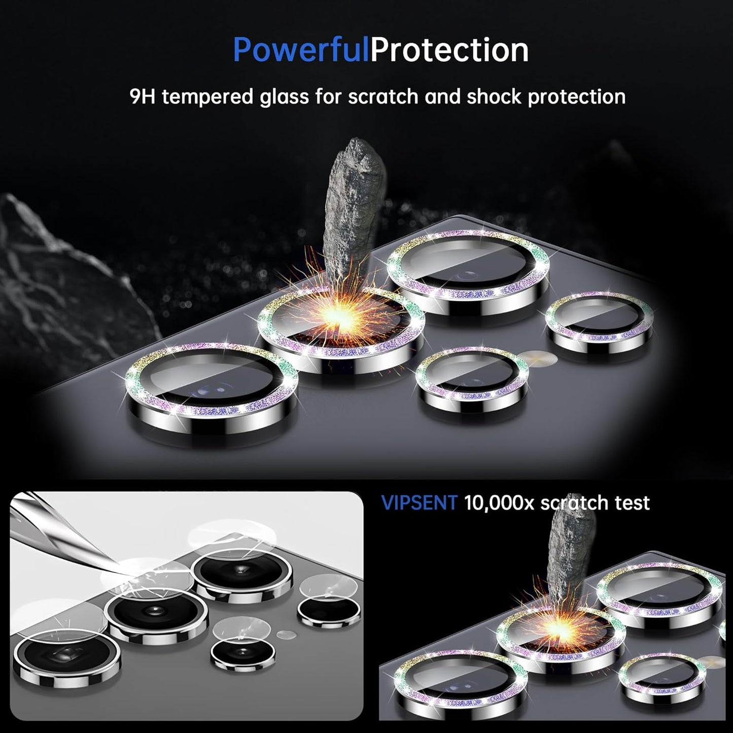 For Samsung Galaxy S25 Ultra Camera Lens Protector, Individual Lens Protector, Ultra HD 9H Tempered Glass Screen Protective Cover, Anti-scratch, Military Grade Drop Protection 2 Set. (Glitter Colorful, S25 Ultra)