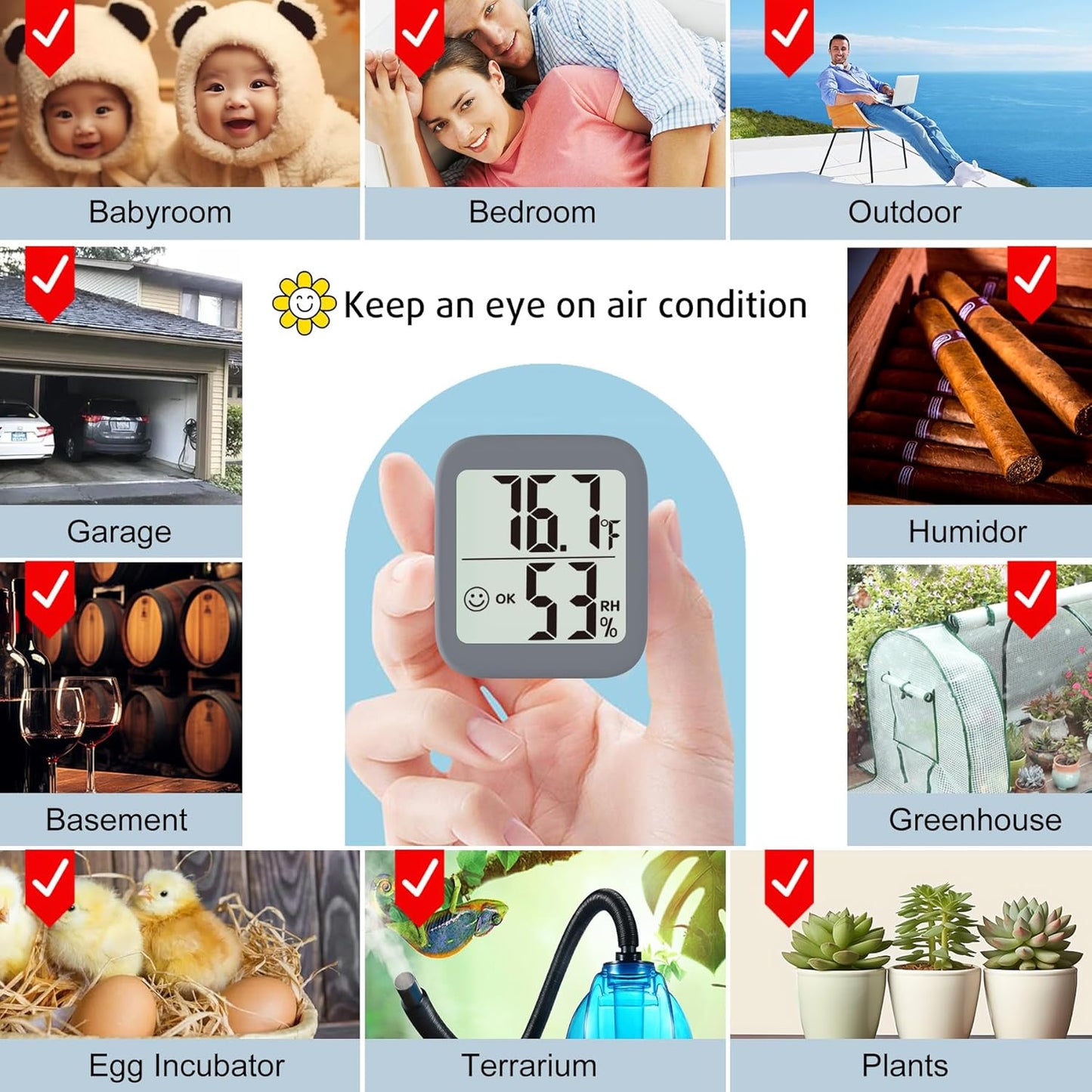 Antonki 2 Pack Room Thermometer for Home, Indoor Hygrometer Humidity Meter Gauge, Digital Temperature and Humidity Sensor Monitor for House, Terrarium, Incubator, Greenhouse - Battery Included
