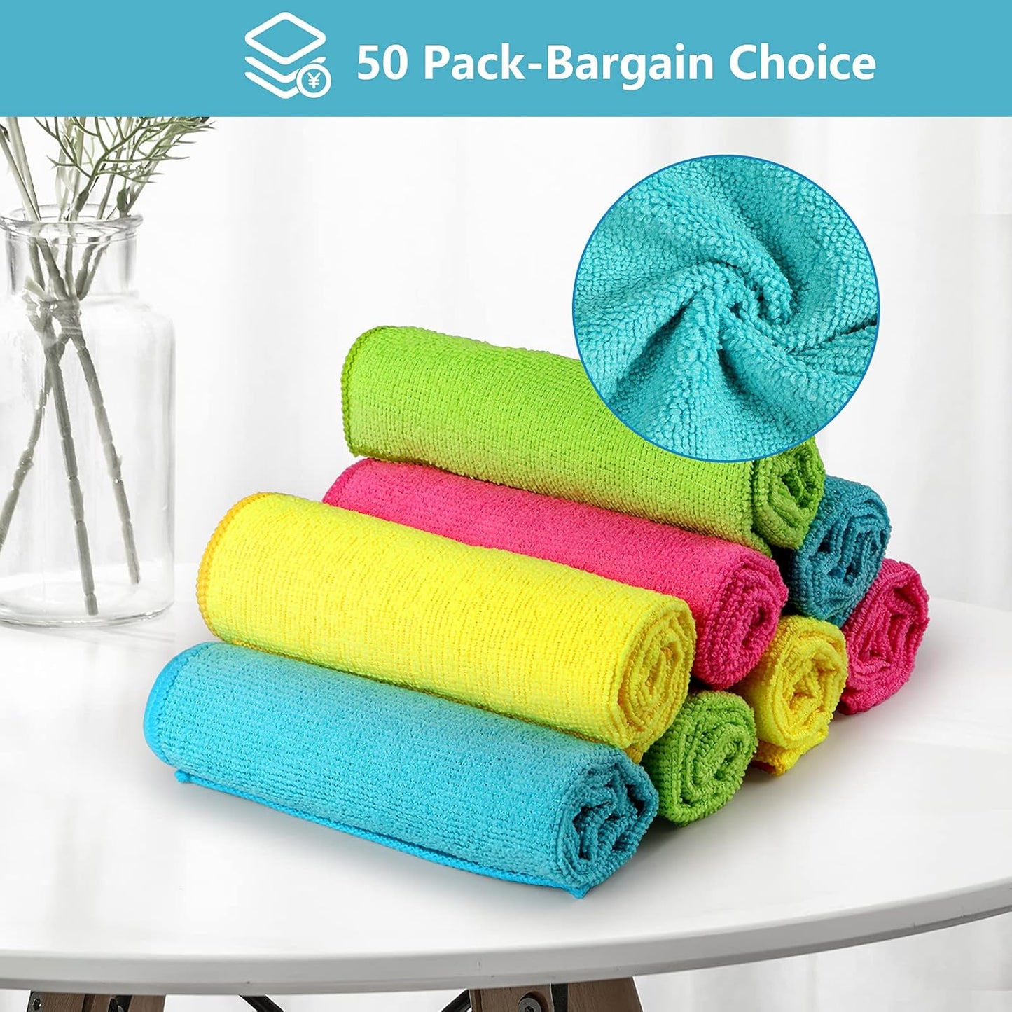 HOMEXCEL Microfiber Cleaning Cloth, 50 Pack Cleaning Rags, Cleaning Towels with 4 Color Assorted, 11.5"X11.5"(Green/Blue/Yellow/Pink)