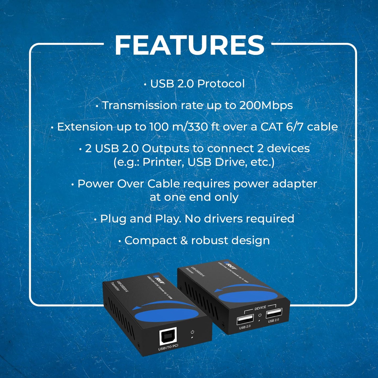 OREI USB 2.0 Over Ethernet Cat5e/6 Extender LAN Upto 330 Feet - Extends 2 Ports USB-A Signal Over LAN Ethernet - Power Over Cable for Long Distance Extension Supports All Operating System