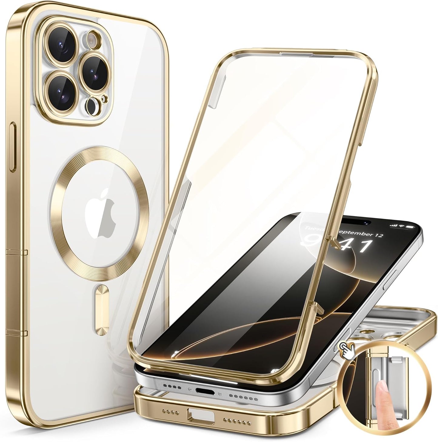 BERFY Magnetic for iPhone 16 Pro Max Case, Compatible with MagSafe, [Built-in 9H Tempered Glass Screen Protector & Upgraded Camera Protection] Full Body Plating Phone case for 16 Pro Max,Titanium Gold