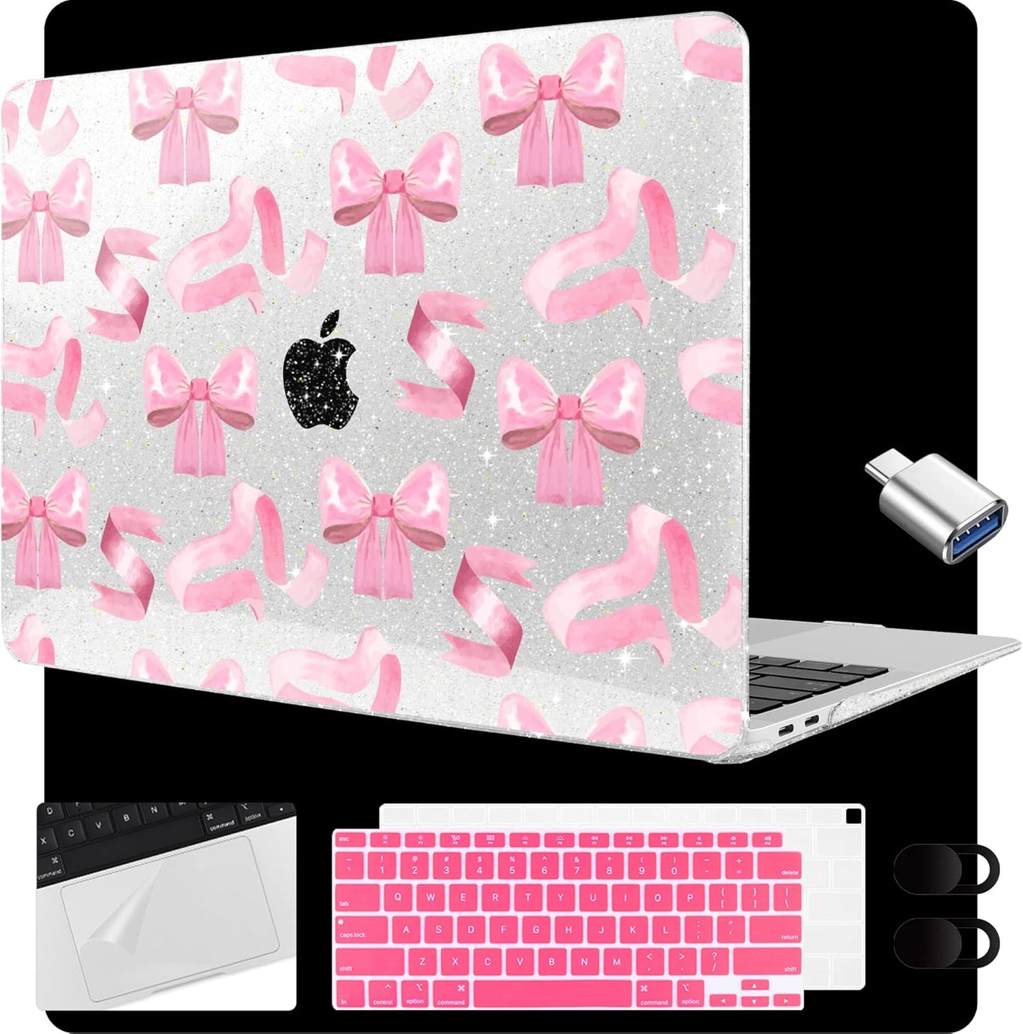 MEEgoodo for MacBook Air 13.3 inch Case 2021 2020 2019 2018 A2337 M1 A2179 A1932, Laptop Shell for MacBook Air M1 with Keyboard Webcam Cover & Trackpad Film & Type C Adapter,Pink Satin Bow