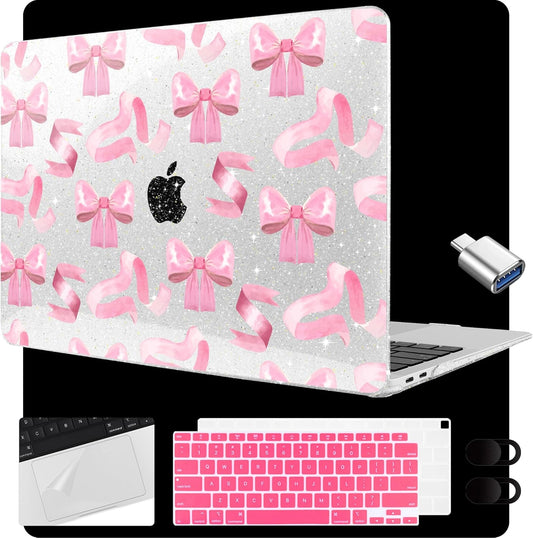MEEgoodo for MacBook Air 13.3 inch Case 2021 2020 2019 2018 A2337 M1 A2179 A1932, Laptop Shell for MacBook Air M1 with Keyboard Webcam Cover & Trackpad Film & Type C Adapter,Pink Satin Bow