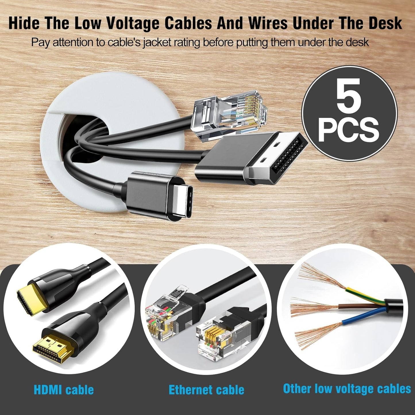 2" White Desk Grommet, JTemgle Plastic Cable Hole Cover Computer Table Cord Wire Organizer Caps Desktop Cord Management for Home Office TV Stands Tabletops, 5 Pieces