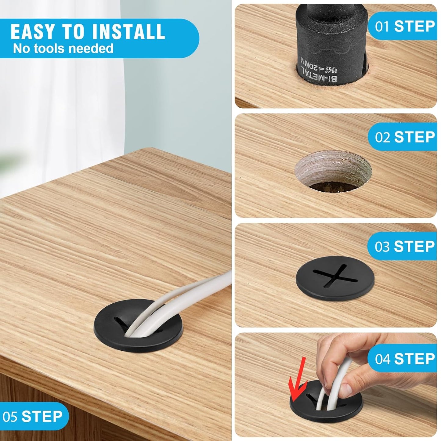 3/4" Black Desk Grommet, JTemgle Flexible Cable Grommet with Bi-Metal Hole Saw Cross Rubber Cable Hole Cover Wire Organizer Caps Desktop Cord Management for Home Office TV Stands Tabletops, 13 Pieces