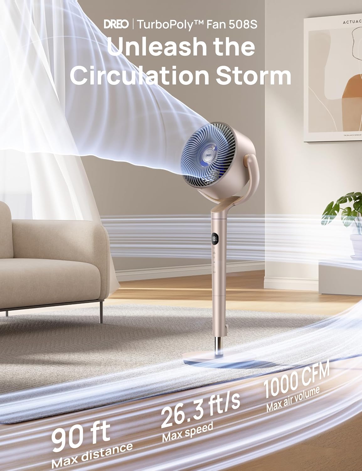 Dreo Smart Fans for Bedroom, 120° +120° Omni-Directional Oscillating Fan, 90ft Quiet Pedestal Fan with RGB Light, 9 Speeds, 6 Modes, 20dB, 8H Timer, Wi-Fi/Voice, 37-42" Floor Fans, Starlight