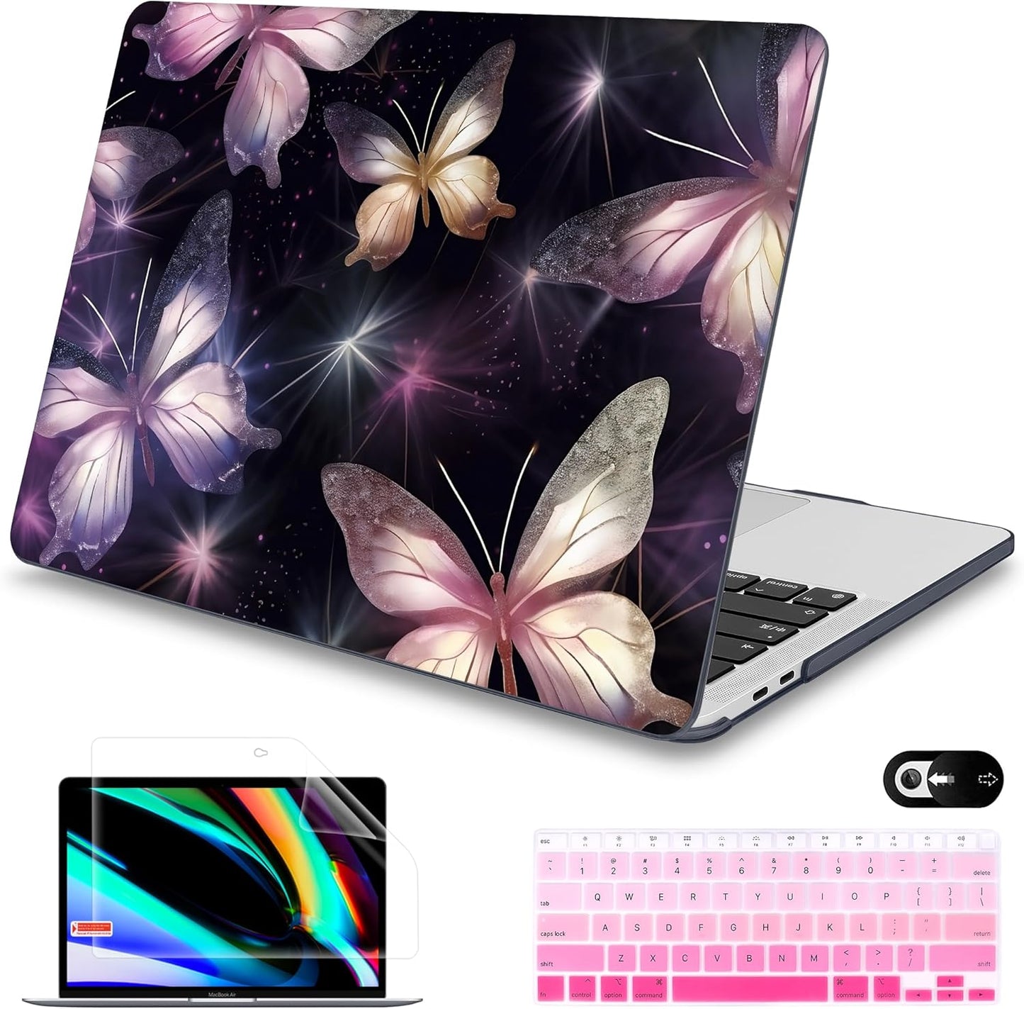 Mektron for MacBook Air 13 Case A1466/A1369 (2010-2017 Release), Snap-on Plastic Hard Shell Cover for MacBook Air 13.3 inch with Keyboard Cover, Glittering Butterfly