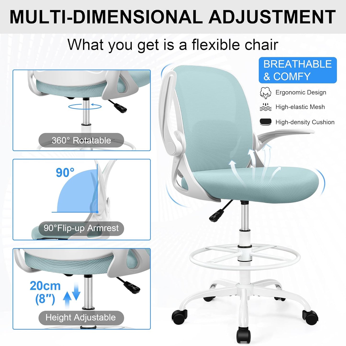Drafting Chair Tall Office Chair with Flip-up Armrests, Adjustable Height, and Enhanced Lumbar Support - Ergonomic Rolling Stool, Back Support, and Adjustable Foot Rest Ring Light Blue