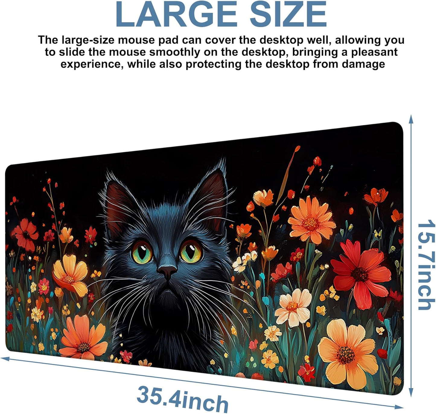 Black Cat and Flowers Gaming Mouse Pad 3mm Thick Stitched Edge Waterproof Non-Slip Large Computer Keyboard Mouse Mat,Suitable for Office Entertainment Decorative Desk Pad 35.4 x 15.7 Inches