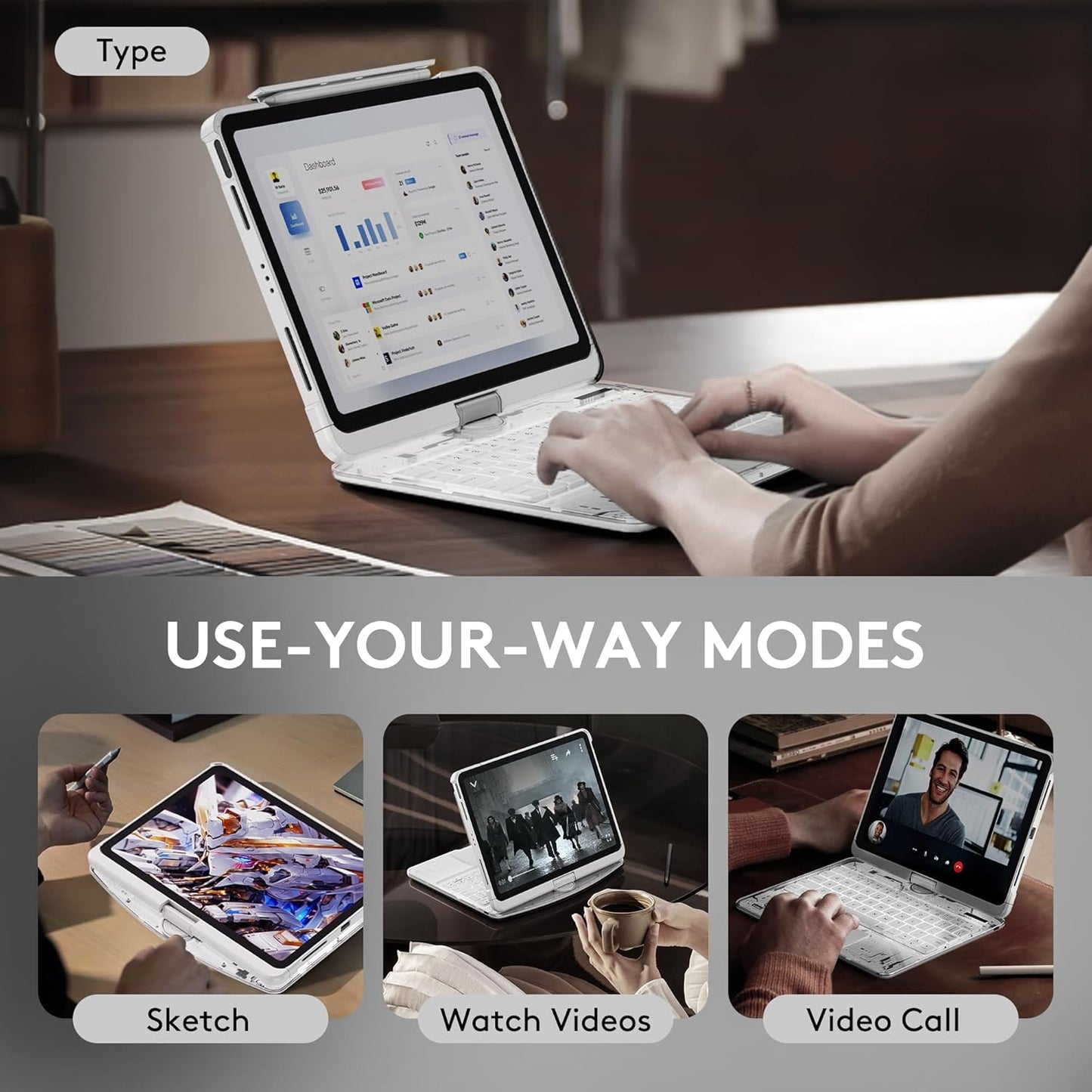 GUSGU Transparent Case with Wireless Keyboard only for 2024 iPad Pro 13-in.(M4), 7 Colors Backlight, Trackpad, 360°Rotating Stand for iPad Pro 13, Tech Style