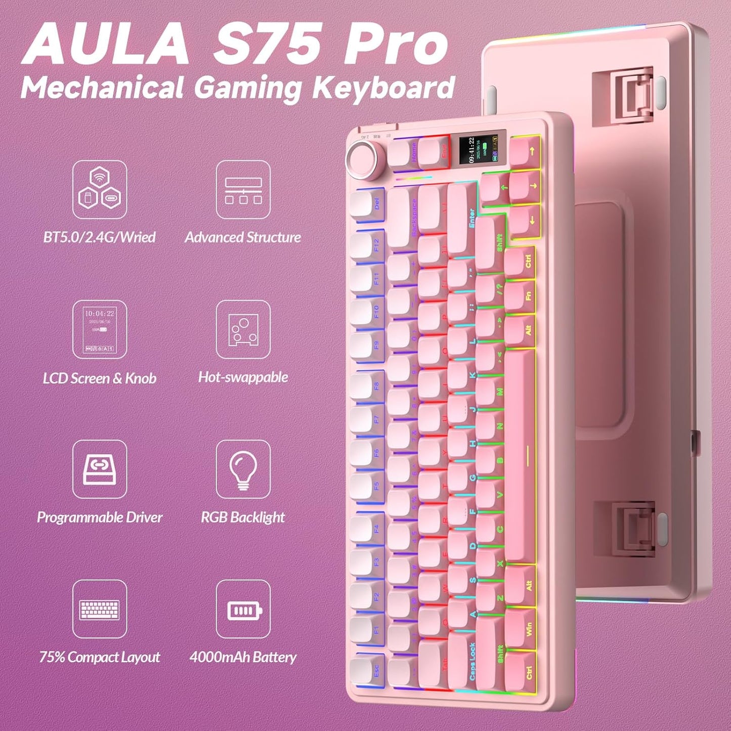 AULA S75 PRO Wireless Mechanical Keyboard with Screen&Knob, Tri-Mode Hot Swappable Gaming Keyboard 75%, Pre-lubed Switches, RGB Backlit, Side Printed PBT Keycaps, Creamy Sounding Pink Keyboards