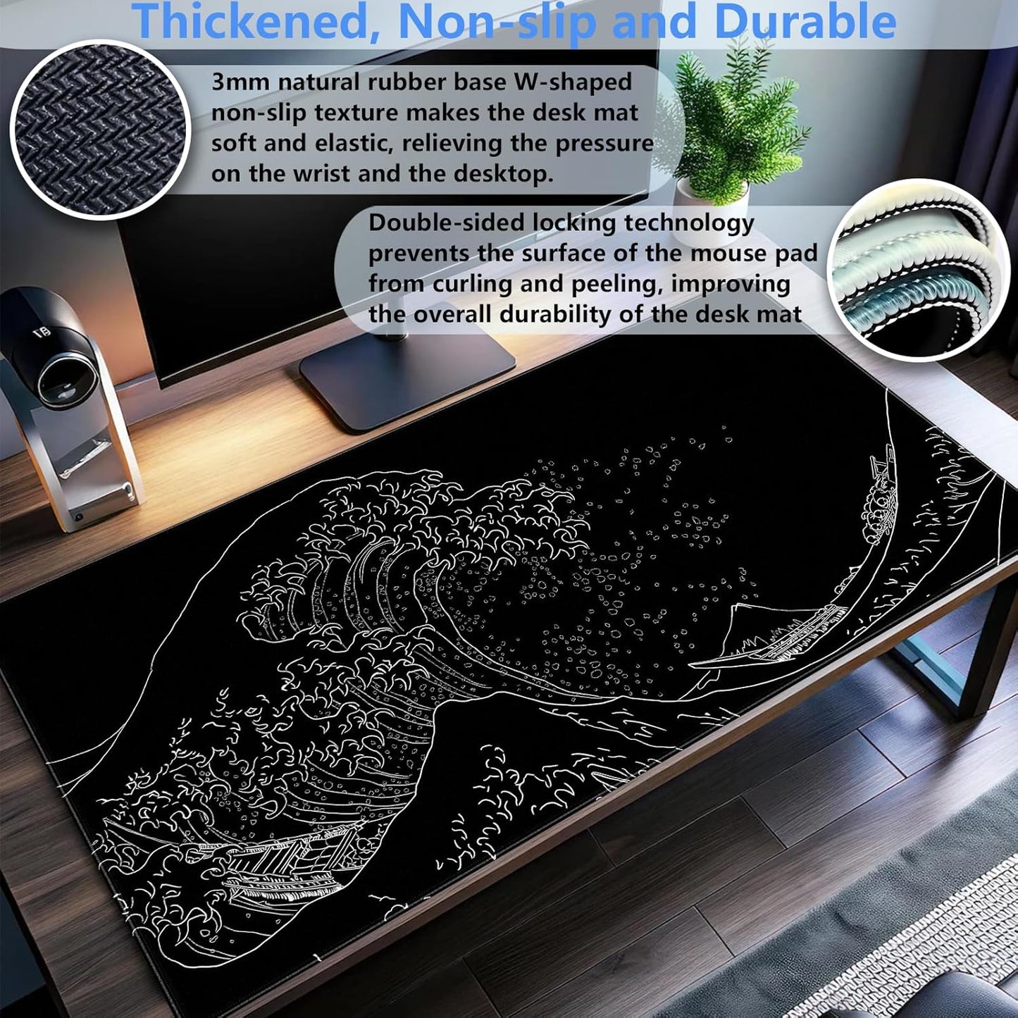 Japanese Great Wave Off Kanagawa Gaming Mouse Pad - XL Extended Ukiyo-e Art Desk Mat, Non-Slip Waterproof Rubber Base & Stitched Edges, 31.5 x 15.7 Inch Large Computer Mousepad