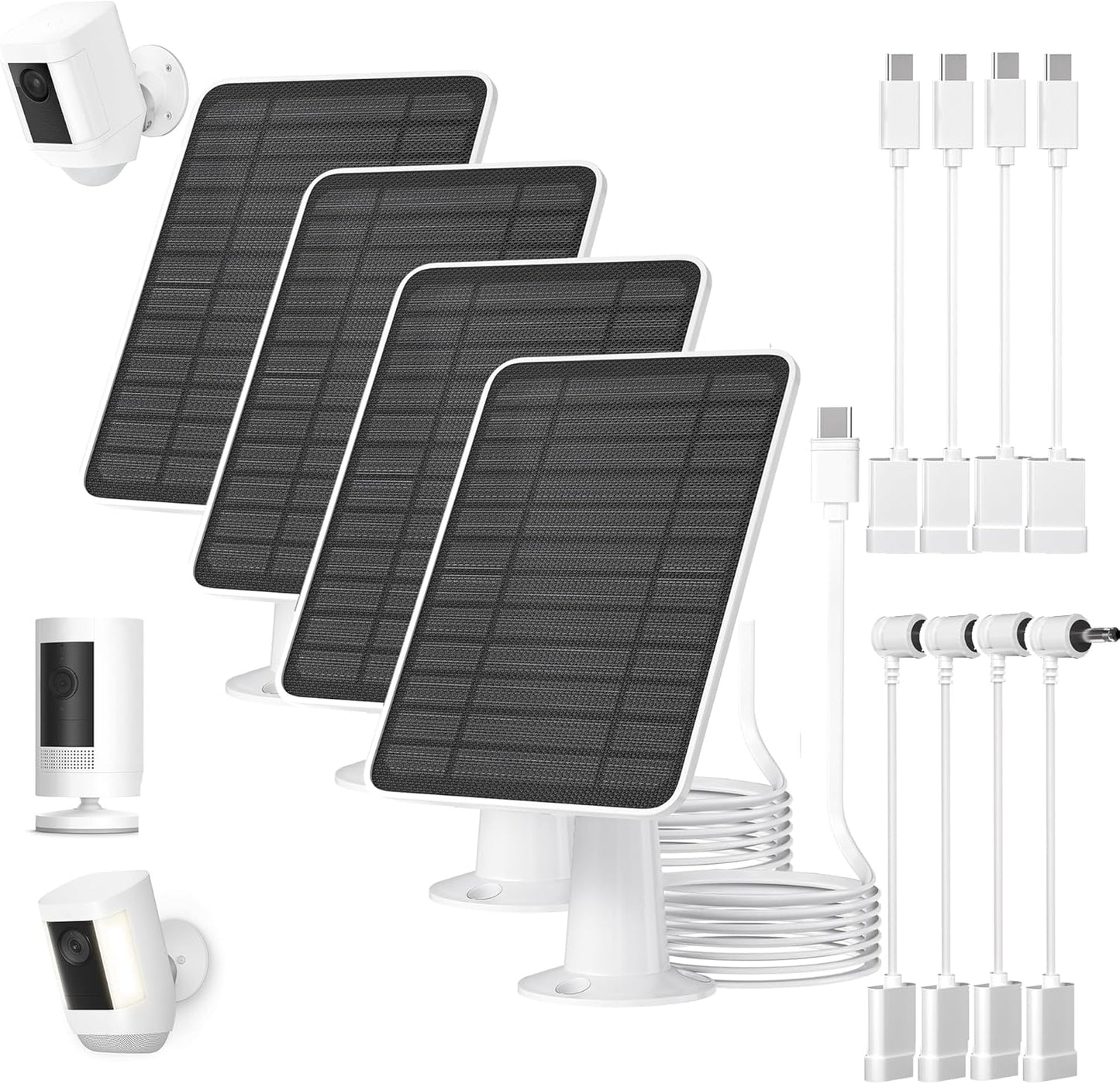 5W Solar Panel for Ring Camera, Solar Panel Charger Compatible with Ring Spotlight Plus/Pro Stick Up Outdoor Cam Battery, 9.8ft Cable with USB-C to Barrel Plug Adapter & Micro-USB Adapter, 4 Pack