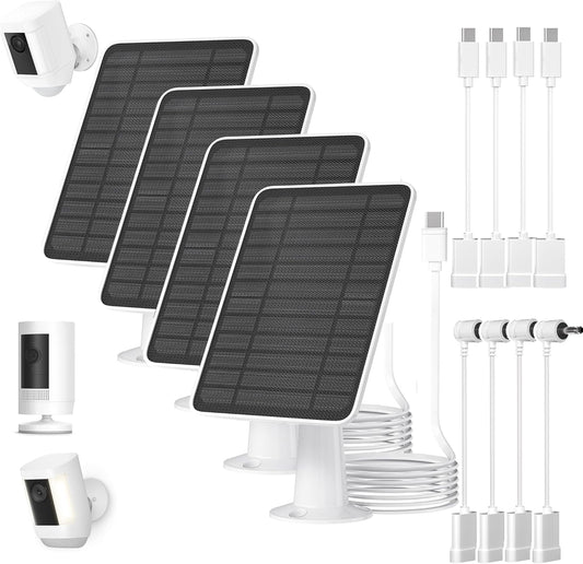 5W Solar Panel for Ring Camera, Solar Panel Charger Compatible with Ring Spotlight Plus/Pro Stick Up Outdoor Cam Battery, 9.8ft Cable with USB-C to Barrel Plug Adapter & Micro-USB Adapter, 4 Pack