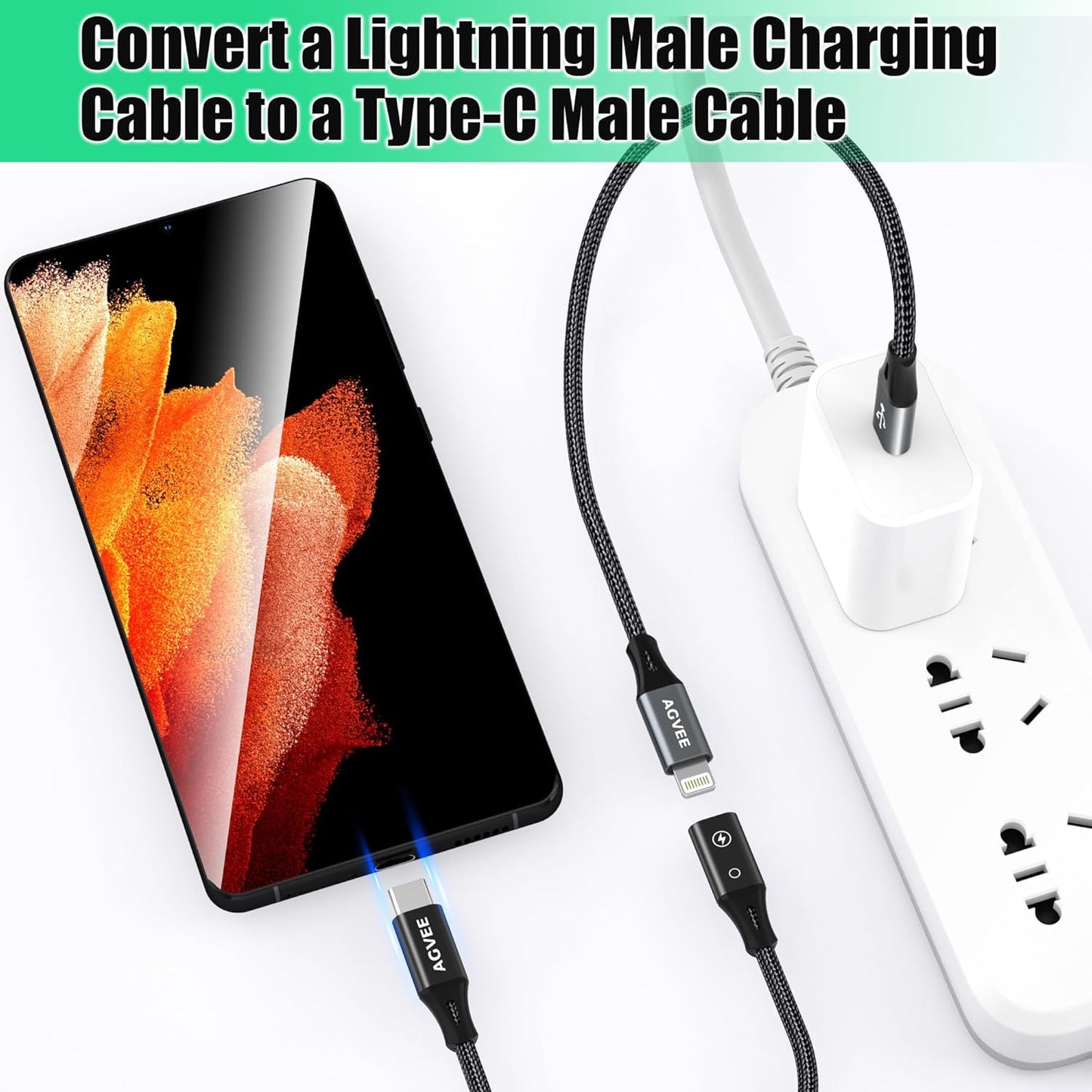 AGVEE 2 Pack 4 inch Lightning Female to USB C Male PD Adapter, 27W Fast Charger Charging Comverter for iPhone 15 16 Plus Pro Max Carplay, Samsung S25 S24 S23 S22, Not for Audio, Black