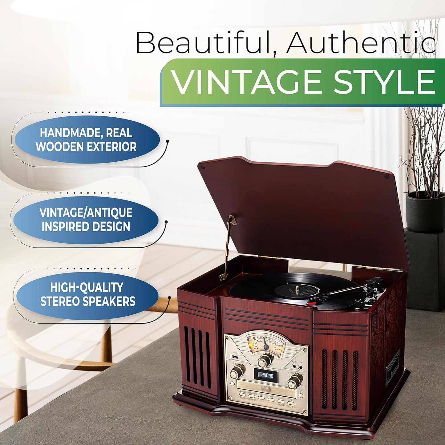 ClearClick All-in-One Turntable with 3-Speed Record Player, Bluetooth, CD, Cassette Tape, AM/FM Radio, Aux, USB, Built-in Speakers, Handmade Wooden Exterior
