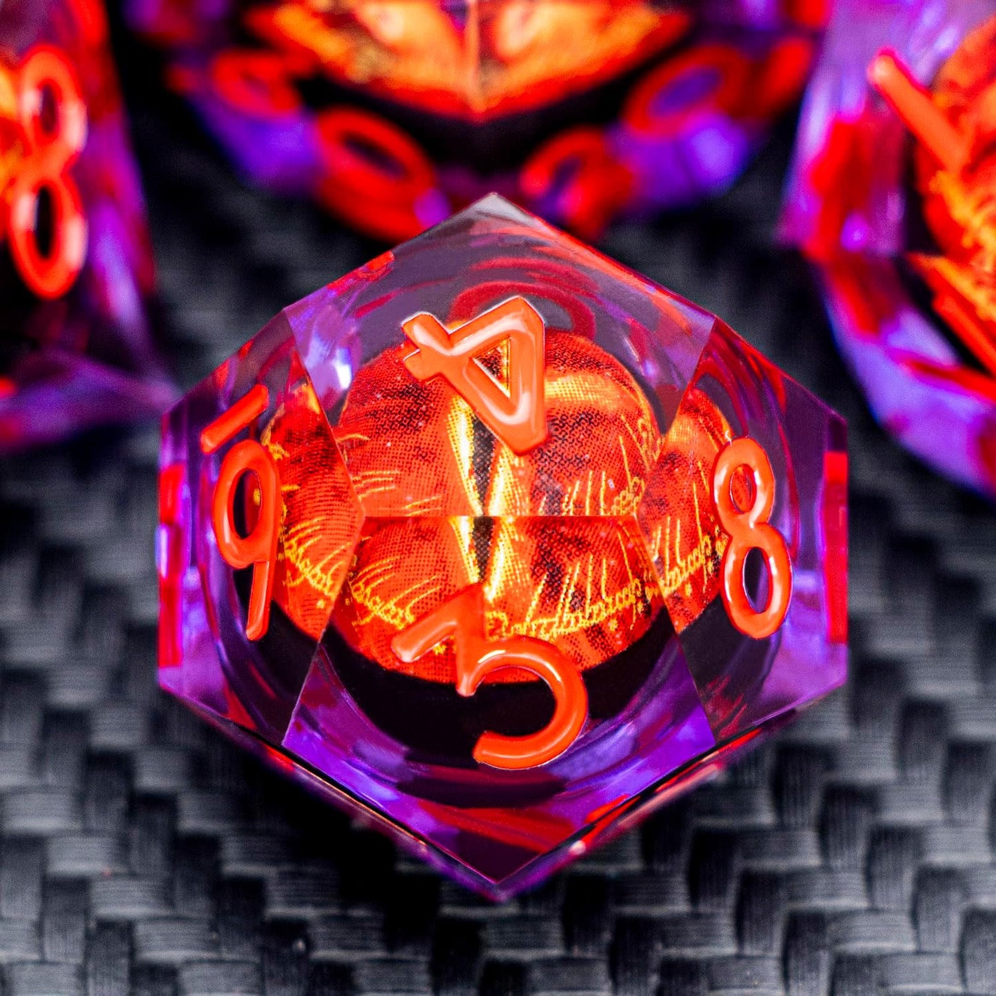 ARUOHHA DND Resin Dice Gazes Eye Dice Purple Red Liquid Core Flaming RPG Sharp Edged Dice Set with Gift Box, Polyhedral D and D Dice Set Compatible with Dungeons Dragons Role Playing Game D20 D6